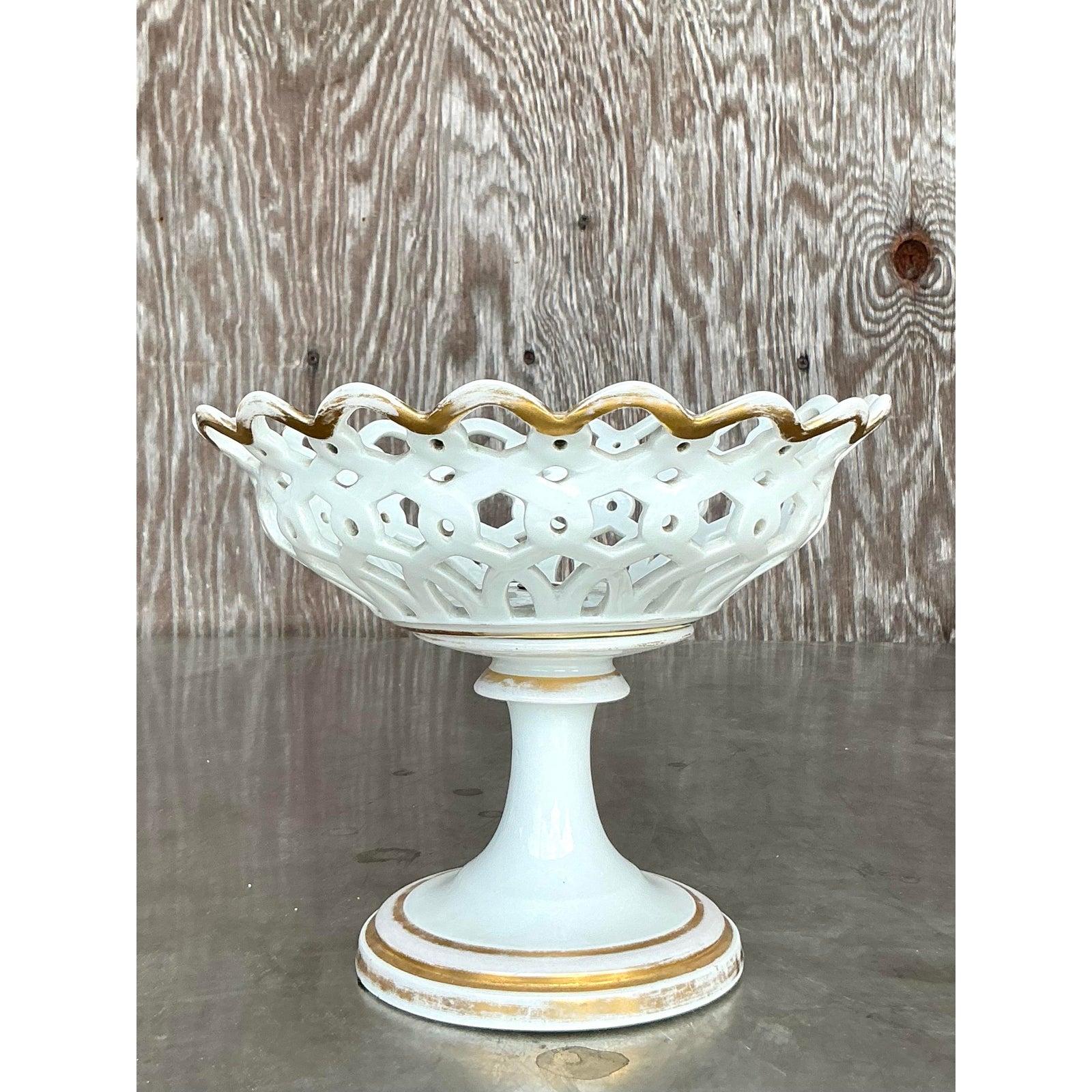 Vintage Regency Reticulated durchbrochenes Porzellan Kompottschale im Angebot 1