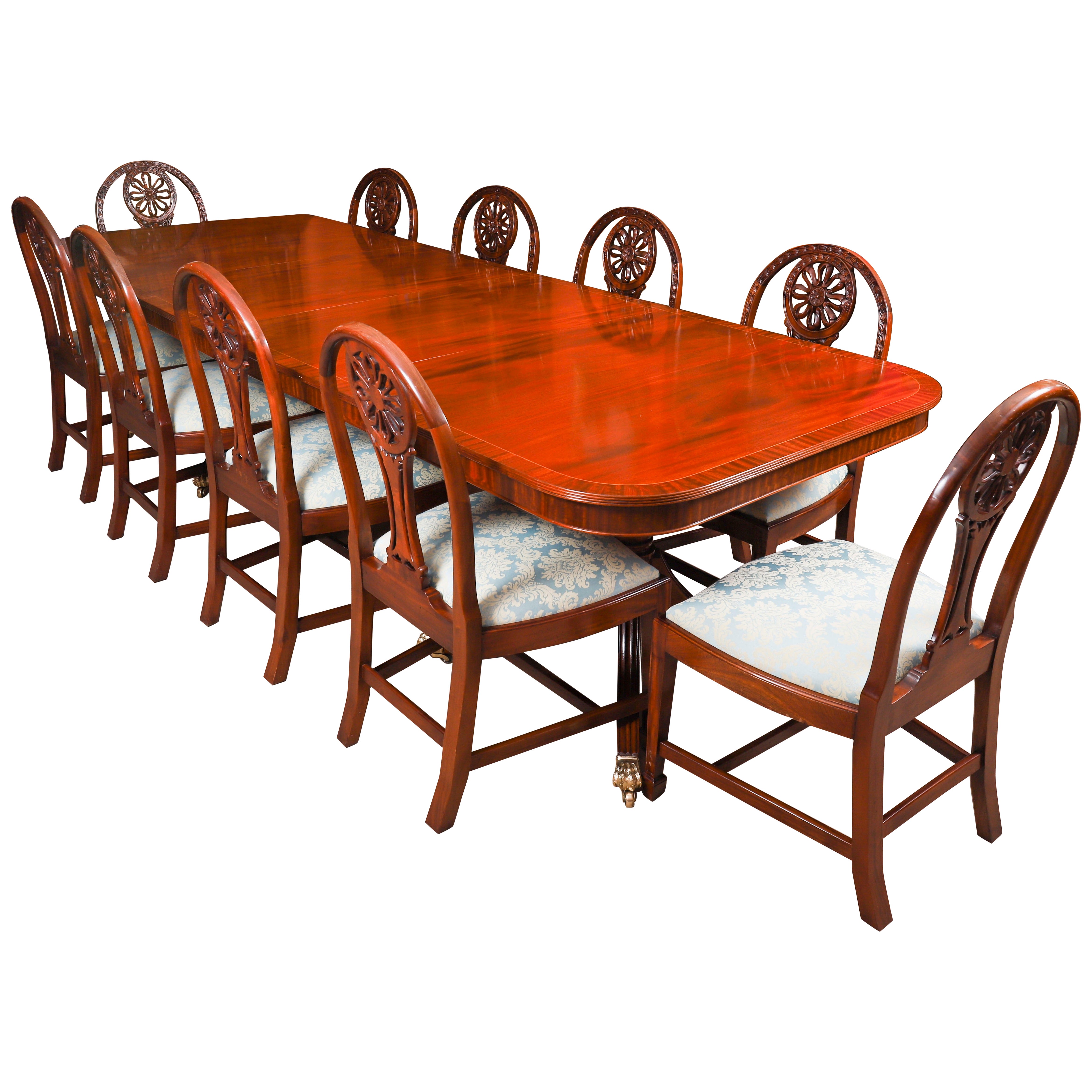 Vintage Regency Revival Flame Mahogany Dining Table & 10 Chairs Mid 20th Century