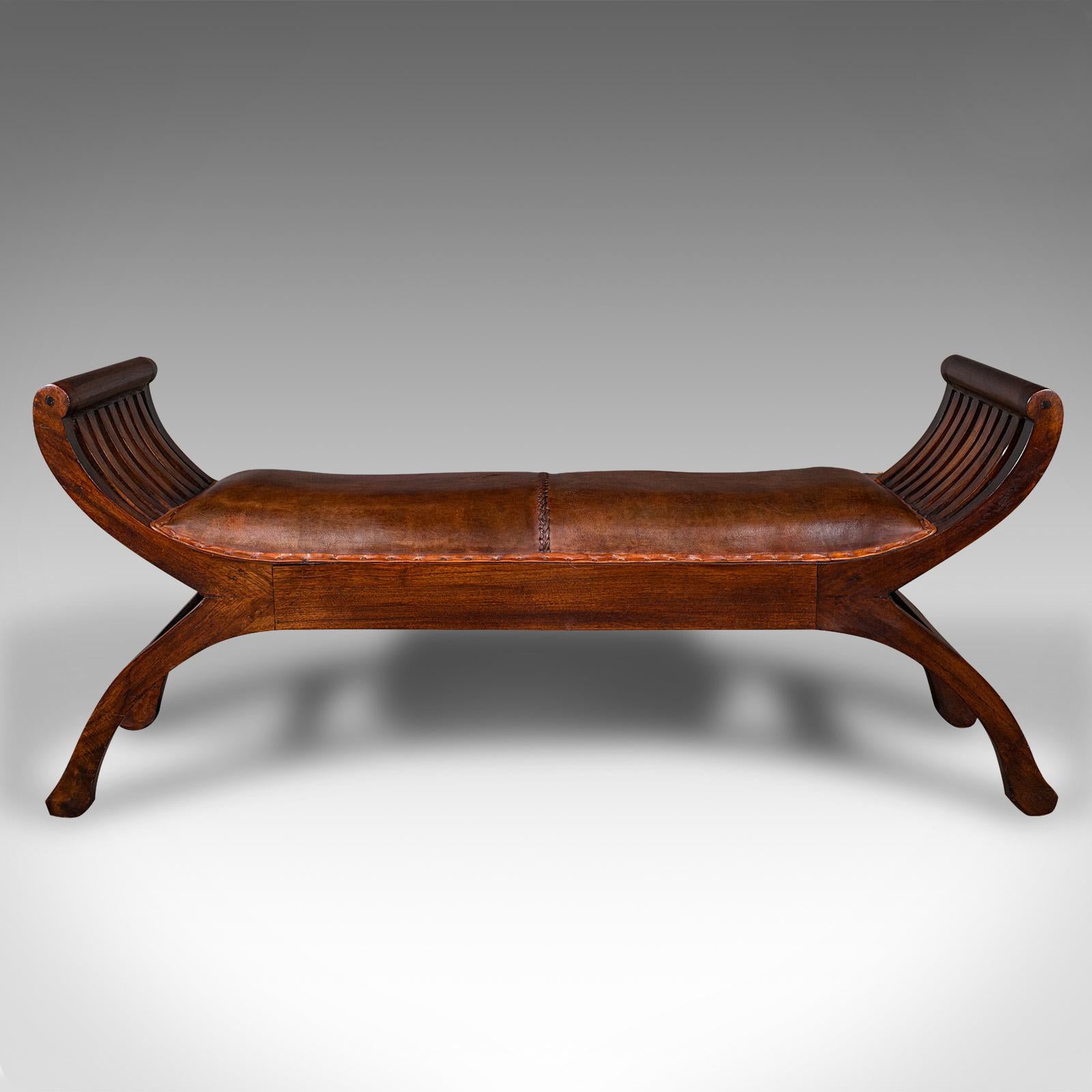 Mid-Century Modern Vintage Regency Revival Window Bench, English, Leather Duet Stool, Bedroom Seat