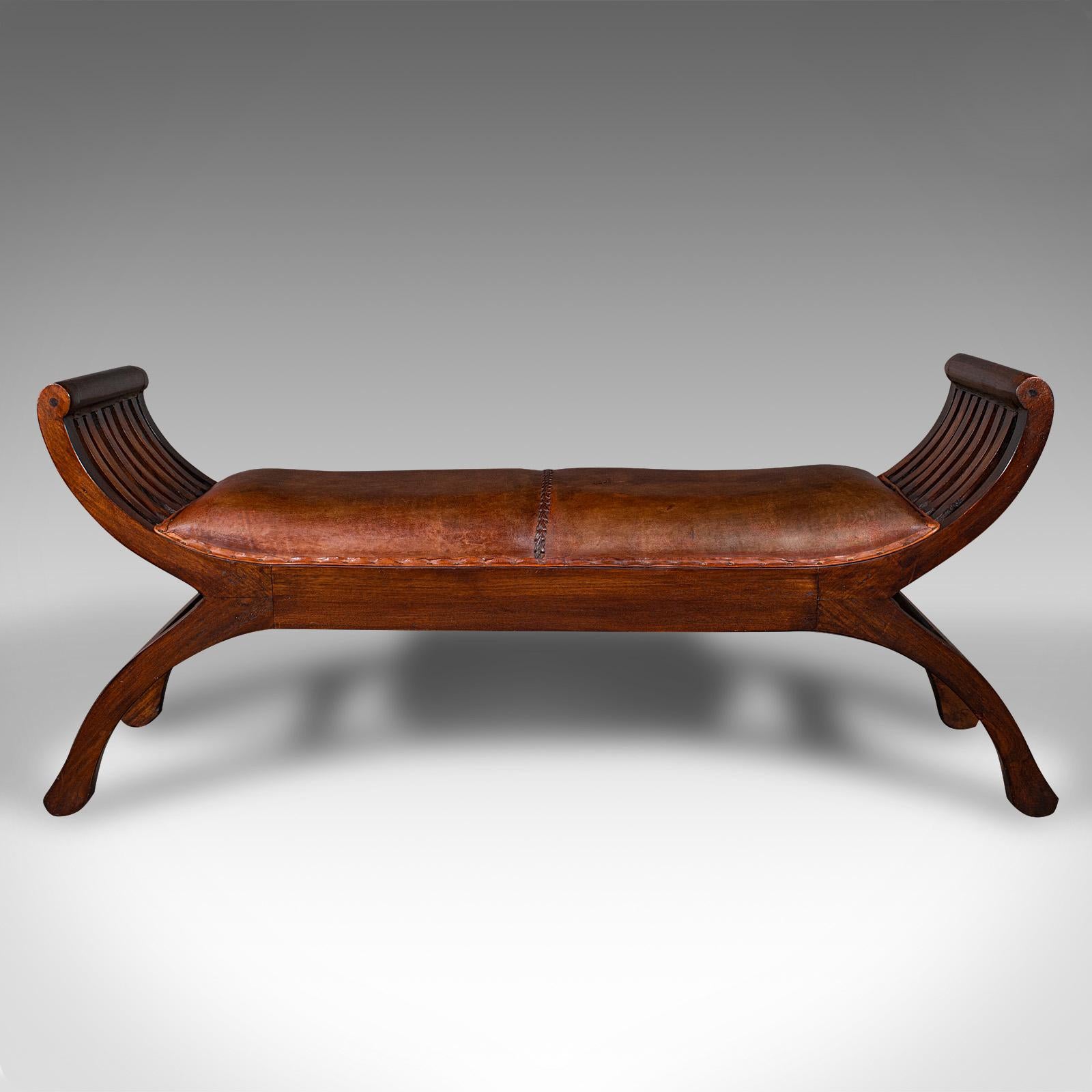 British Vintage Regency Revival Window Bench, English, Leather Duet Stool, Bedroom Seat