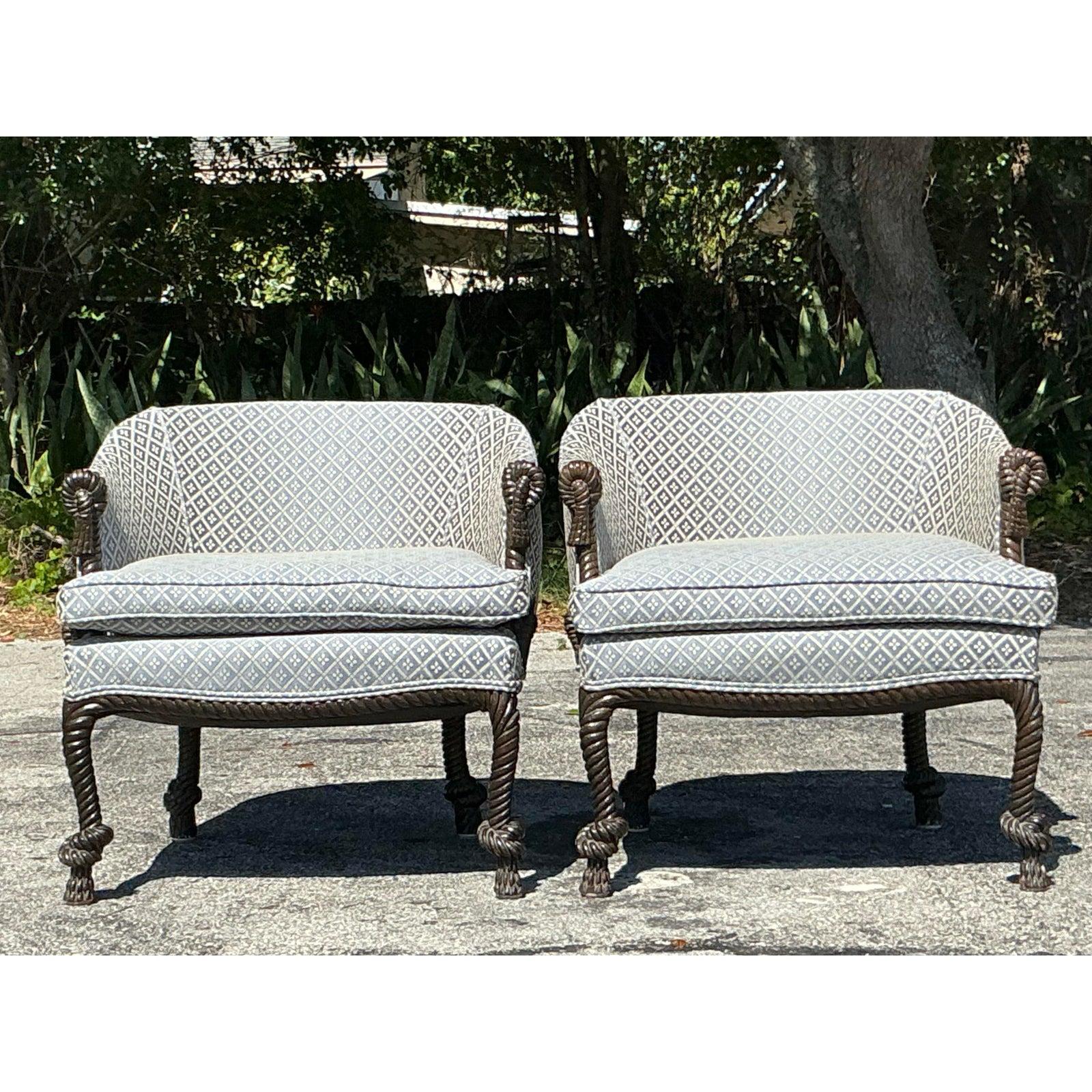 Sillas de salón vintage de cuerda y nudos - Pareja Regencia en venta