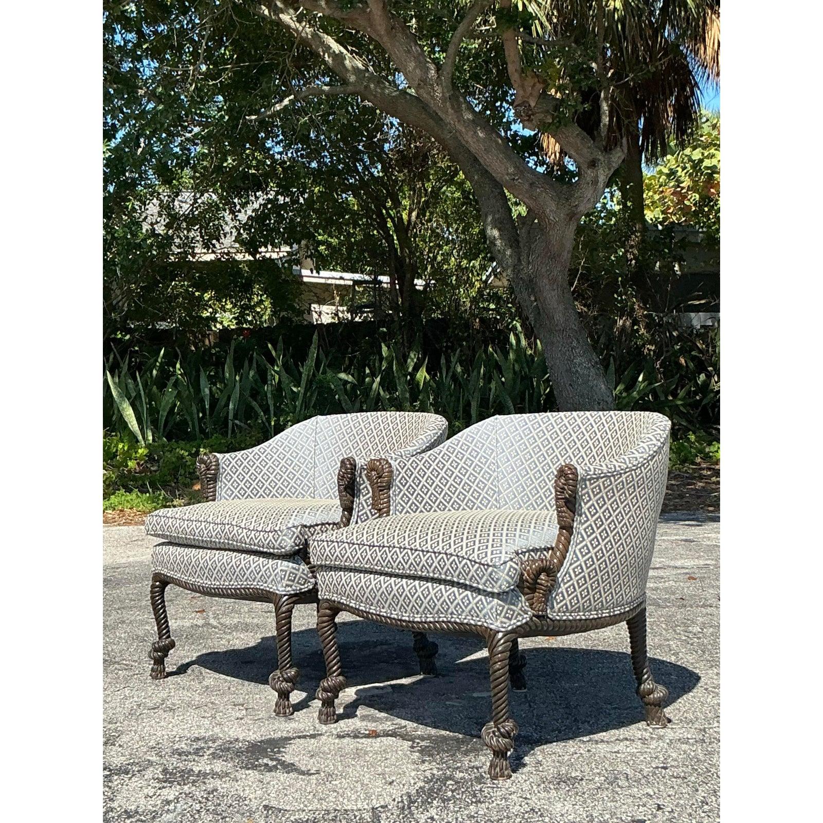 Sillas de salón vintage de cuerda y nudos - Pareja Estadounidense en venta