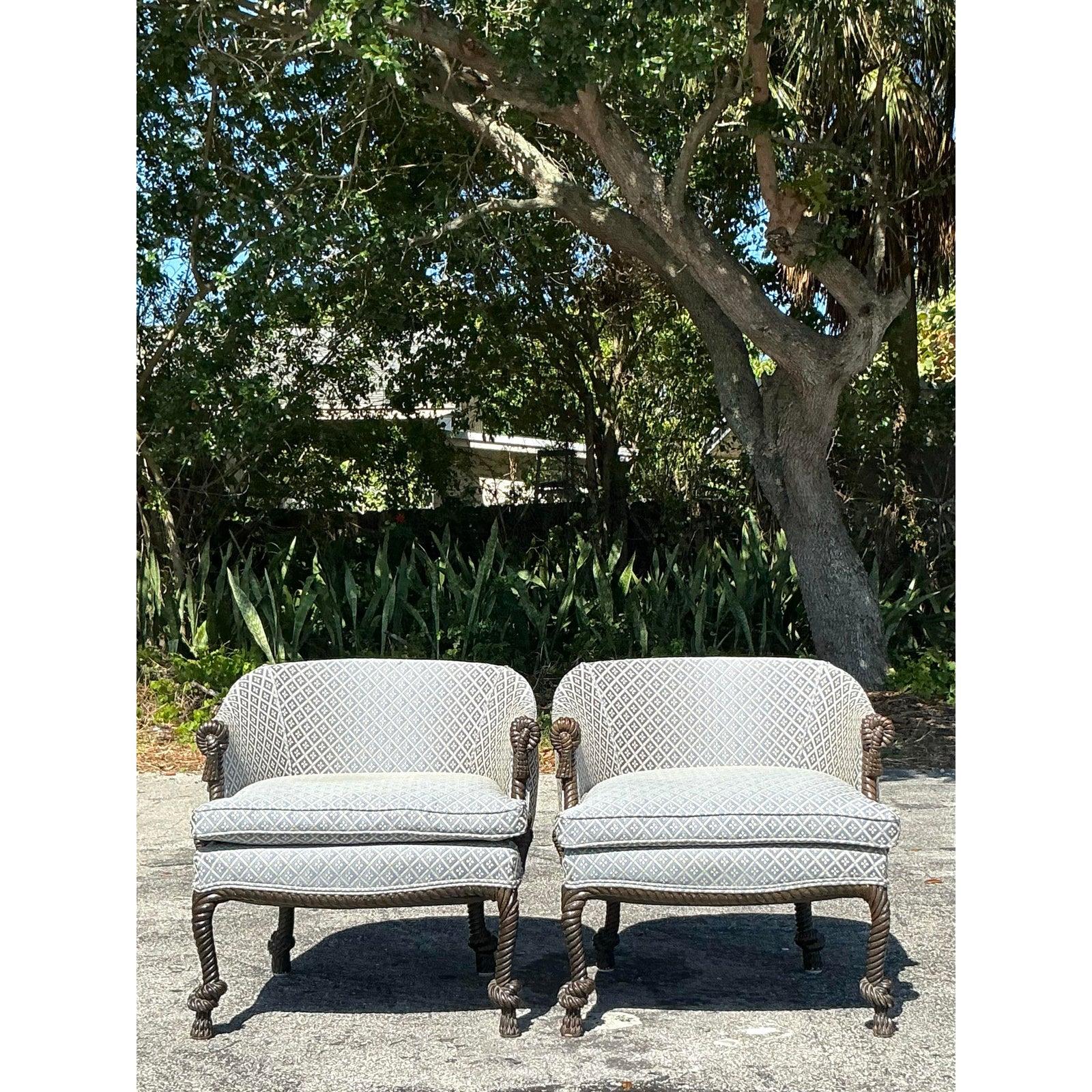 Sillas de salón vintage de cuerda y nudos - Pareja siglo XX en venta