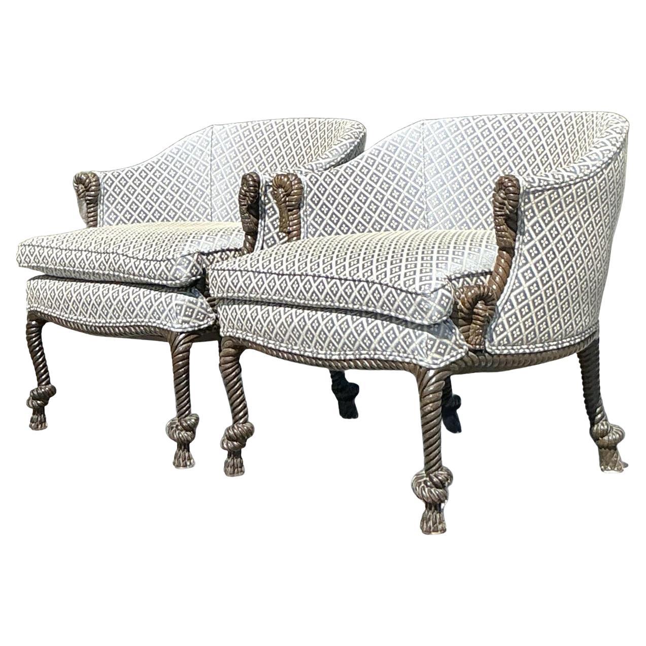 Vintage Regency Rope and Knot Lounge Chairs - A Pair