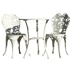 Vintage Regency Rose Garden Wrought Iron Table and Two Chairs - Set of 3