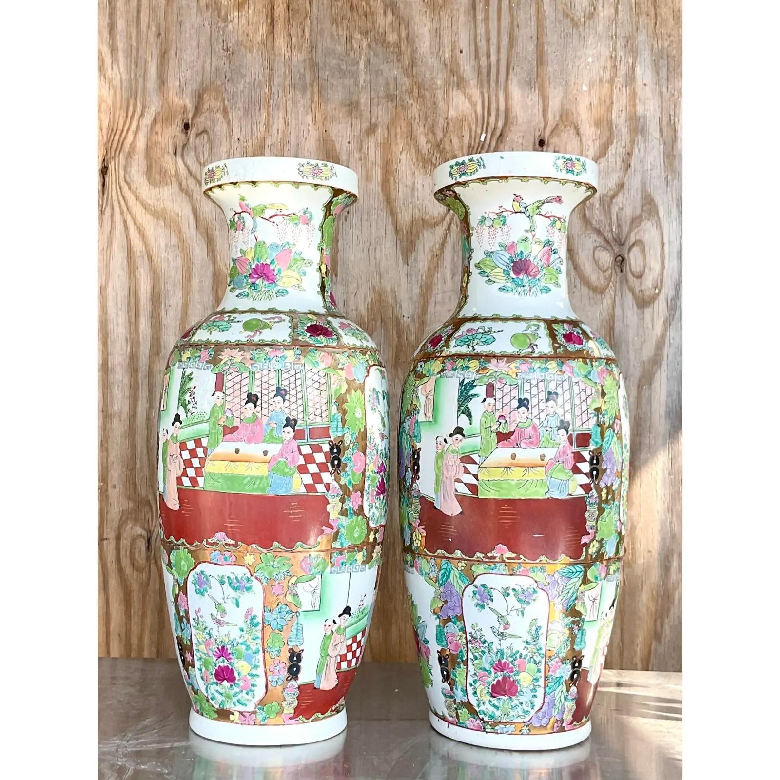 Chinese Vintage Regency Rose Medallion Vases, a Pair
