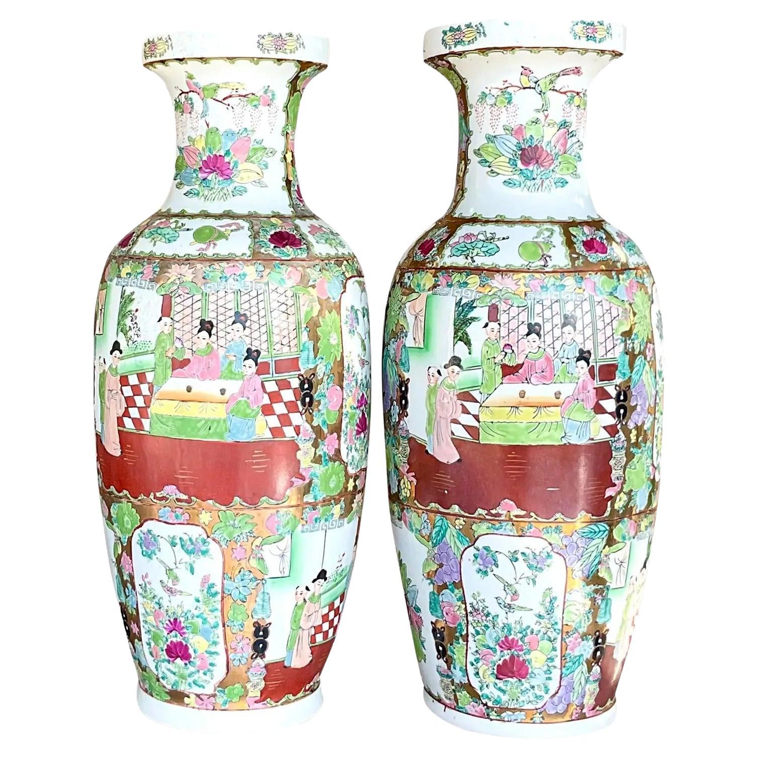 Vintage Regency Rose Medallion Vases, a Pair