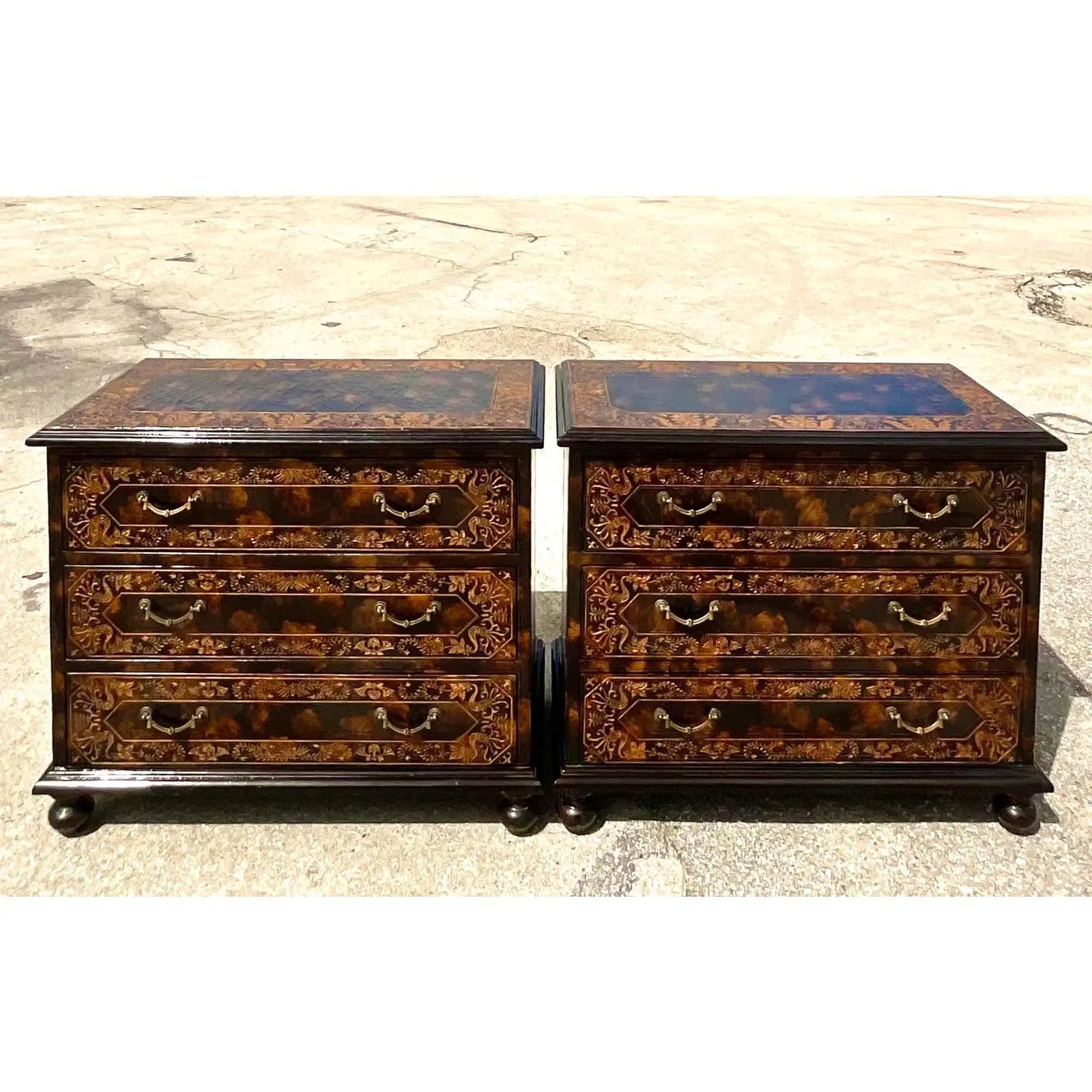 Tortoise Shell Vintage Regency Sarreid Carved Chest of Drawers, a Pair
