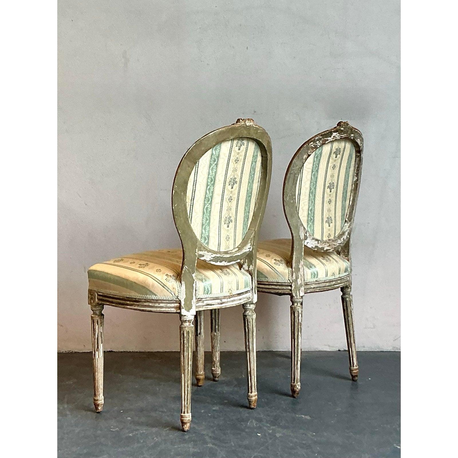 French Provincial Vintage Regency Satin Stripe Medallion Back Chairs - A Pair For Sale
