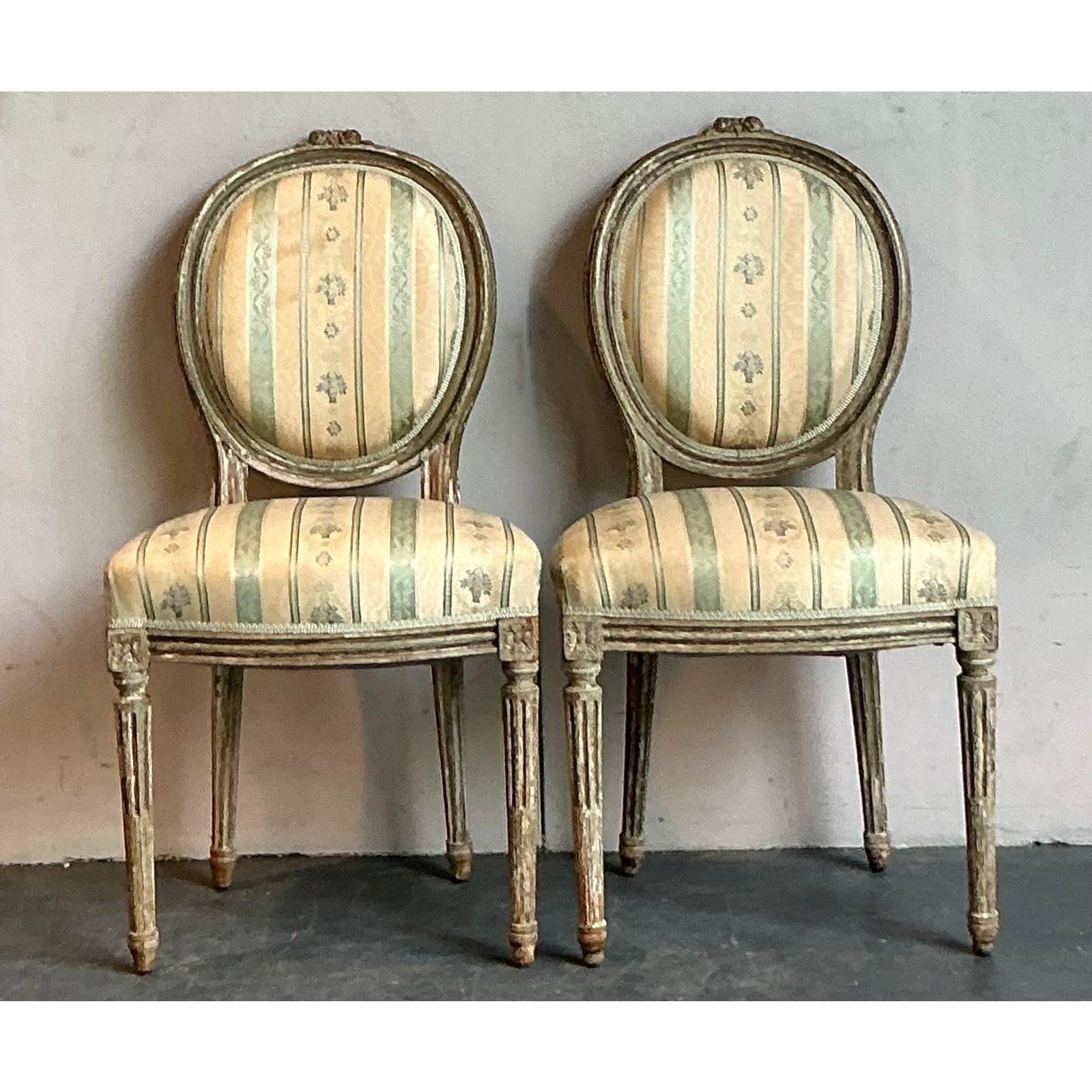 20th Century Vintage Regency Satin Stripe Medallion Back Chairs - A Pair For Sale