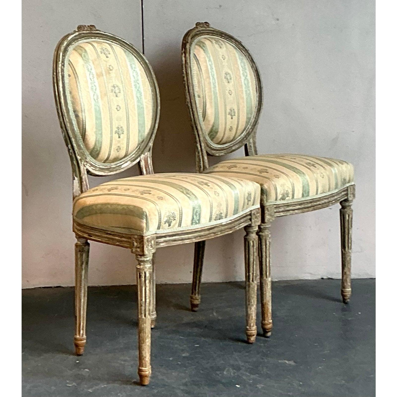 Fabric Vintage Regency Satin Stripe Medallion Back Chairs - A Pair For Sale