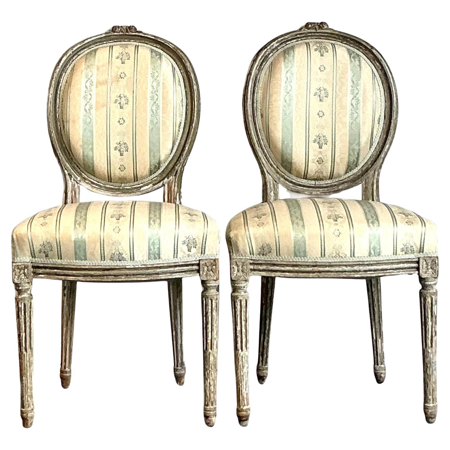 Vintage Regency Satin Stripe Medallion Back Chairs - A Pair For Sale