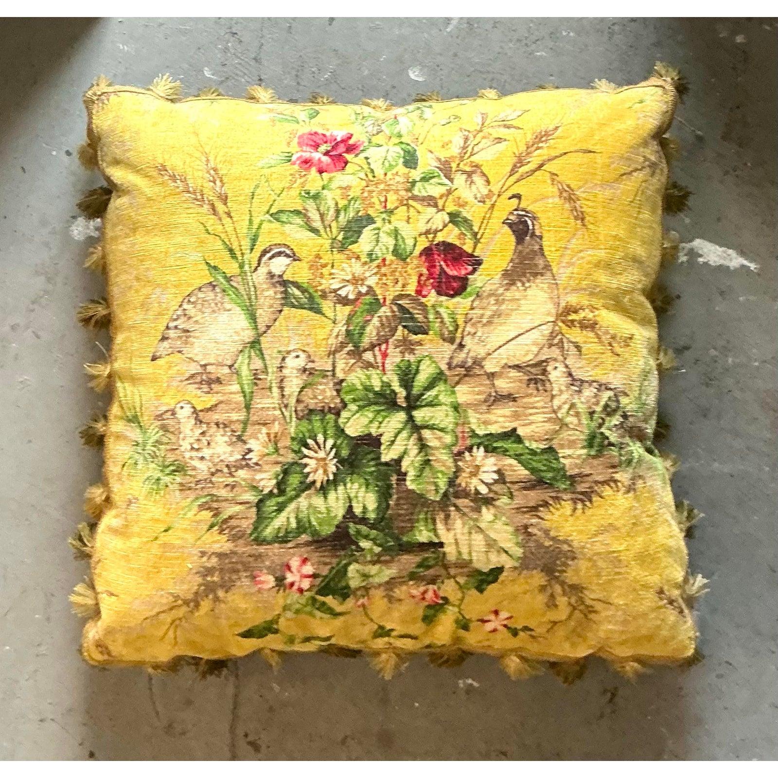 Elevate your interior with this exquisite vintage Scalamandre Edwin Covey throw pillow, a true testament to timeless design and luxurious craftsmanship. Adorned with a captivating botanical and quail motif, this pillow features a rich yellow hue