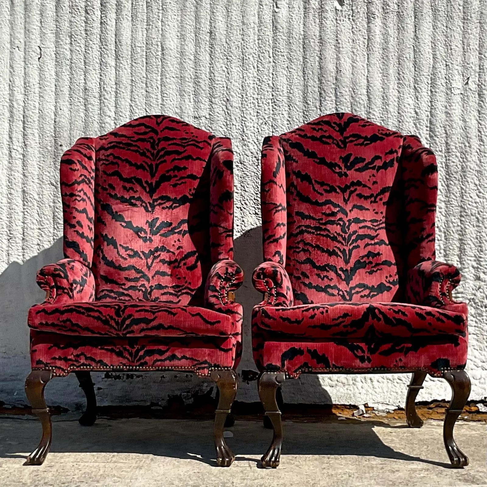 North American Vintage Regency Scalamandre “Le Tigre” Velvet and Suede Wingback Chairs, a Pair