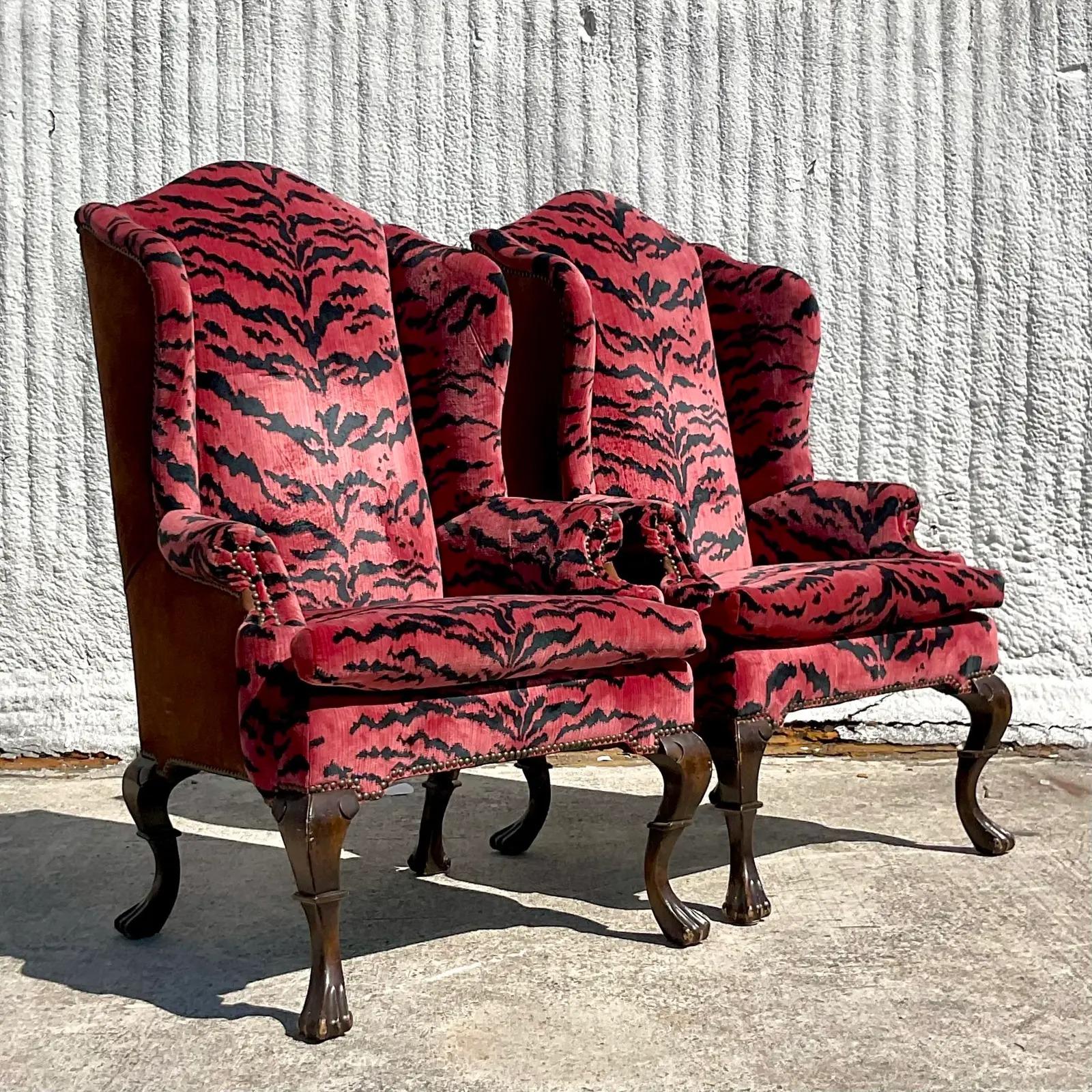 Vintage Regency Scalamandre “Le Tigre” Velvet and Suede Wingback Chairs, a Pair In Good Condition In west palm beach, FL