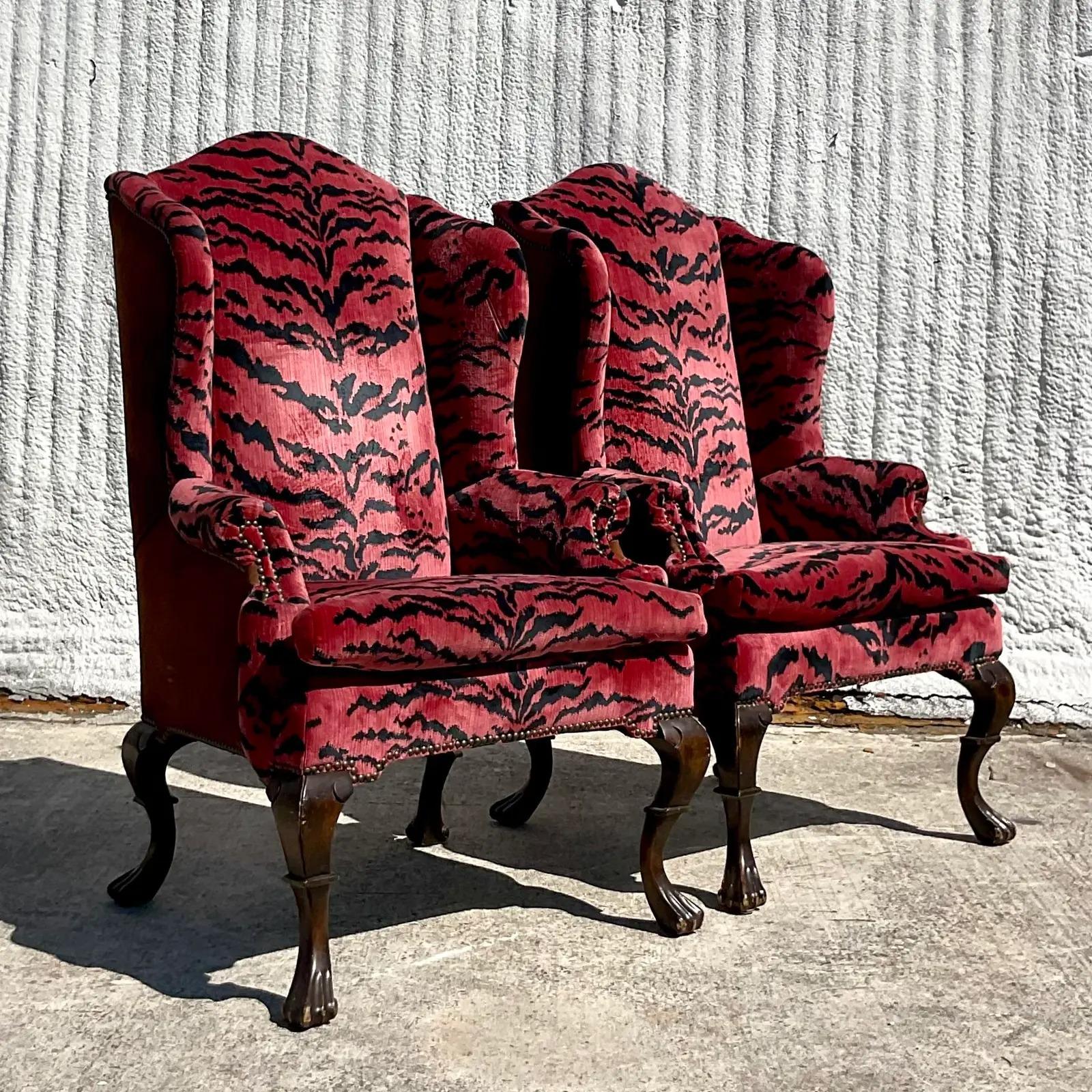 20th Century Vintage Regency Scalamandre “Le Tigre” Velvet and Suede Wingback Chairs, a Pair