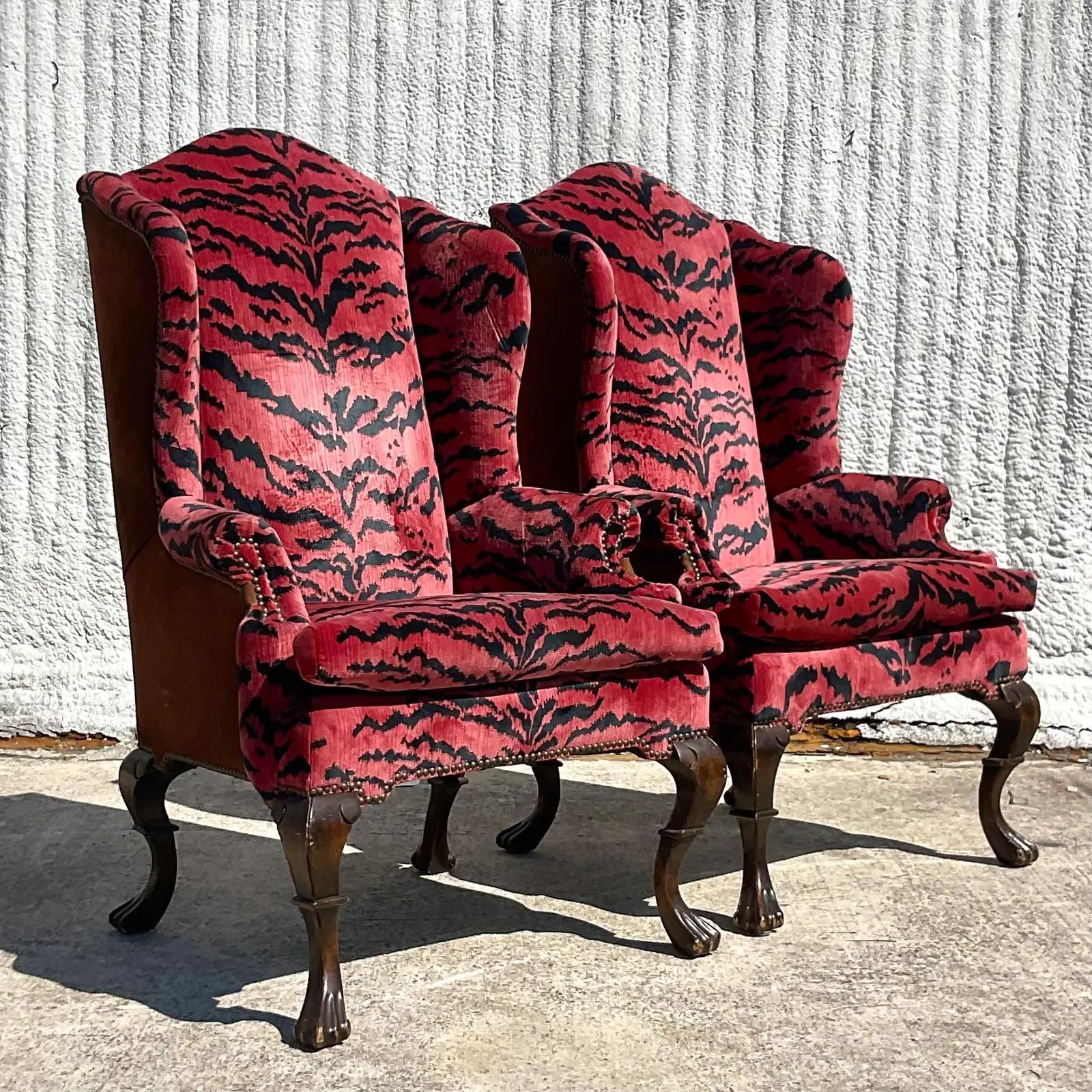 Vintage Regency Scalamandre “Le Tigre” Velvet and Suede Wingback Chairs, a Pair 1