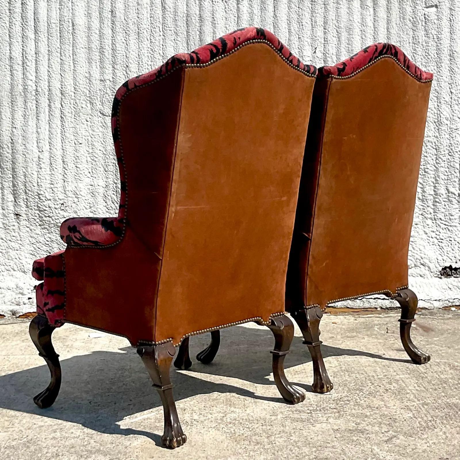 Vintage Regency Scalamandre “Le Tigre” Velvet and Suede Wingback Chairs, a Pair 2