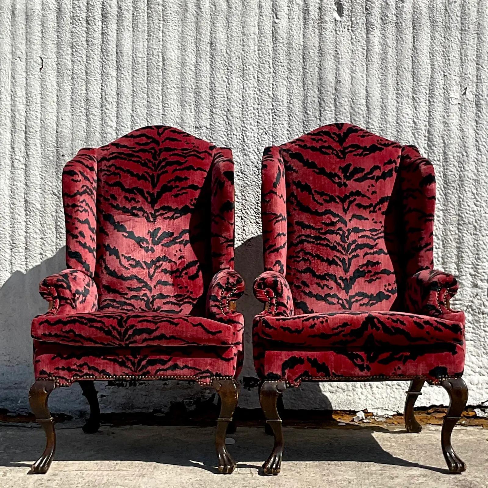 Vintage Regency Scalamandre “Le Tigre” Velvet and Suede Wingback Chairs, a Pair 3