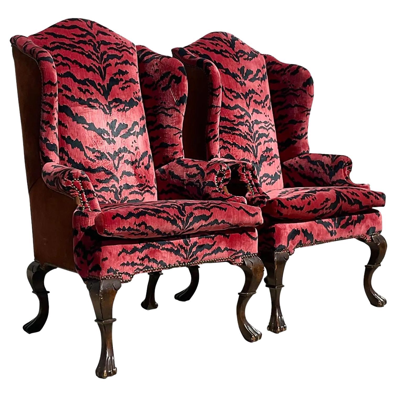 Vintage Regency Scalamandre “Le Tigre” Velvet and Suede Wingback Chairs, a Pair