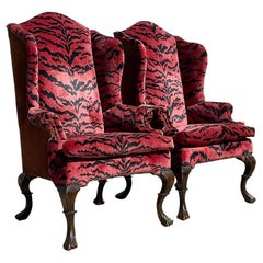 Retro Regency Scalamandre “Le Tigre” Velvet and Suede Wingback Chairs, a Pair