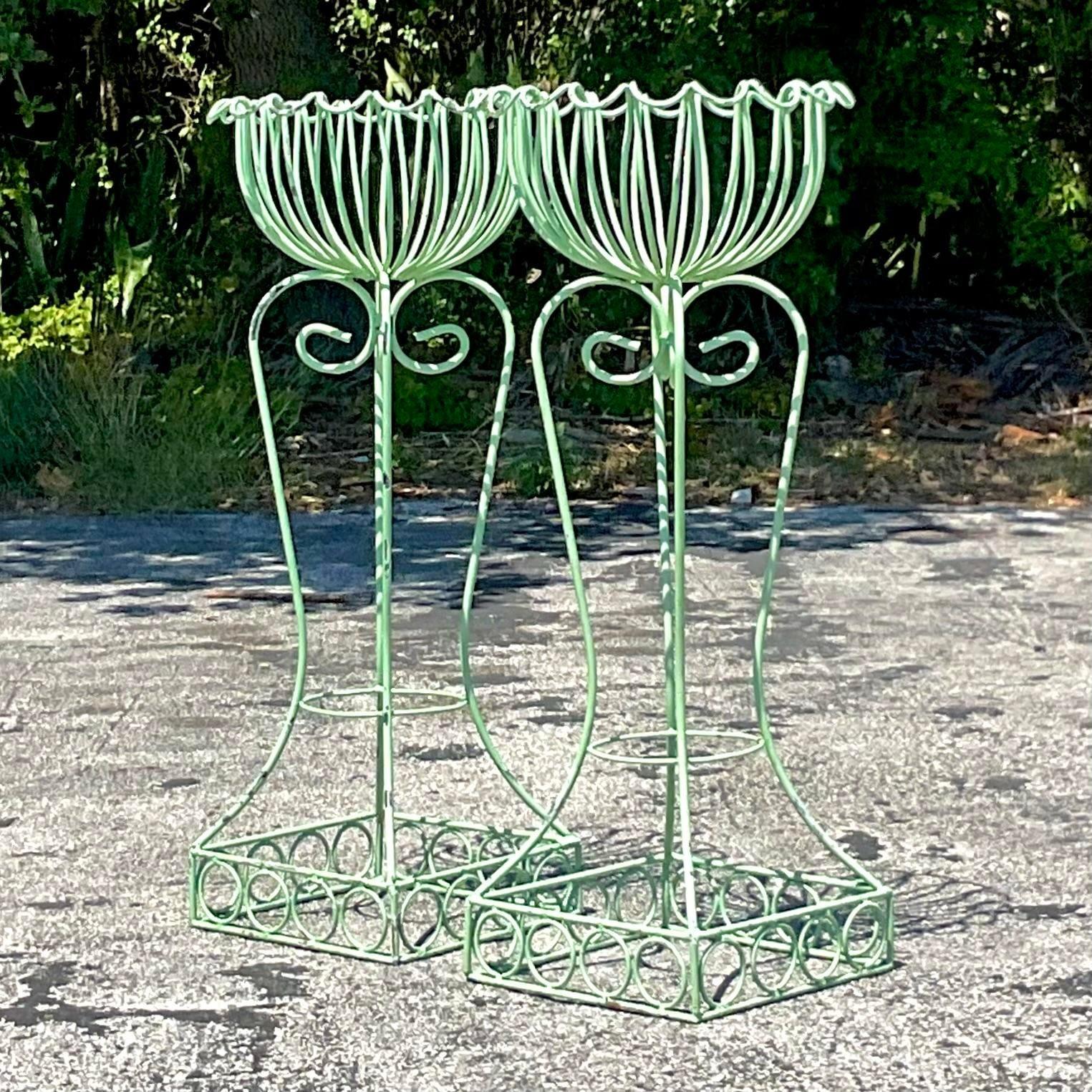 Mid-Century Modern Vintage Regency Scalloped Wrought Iron Plant Stands - a Pair