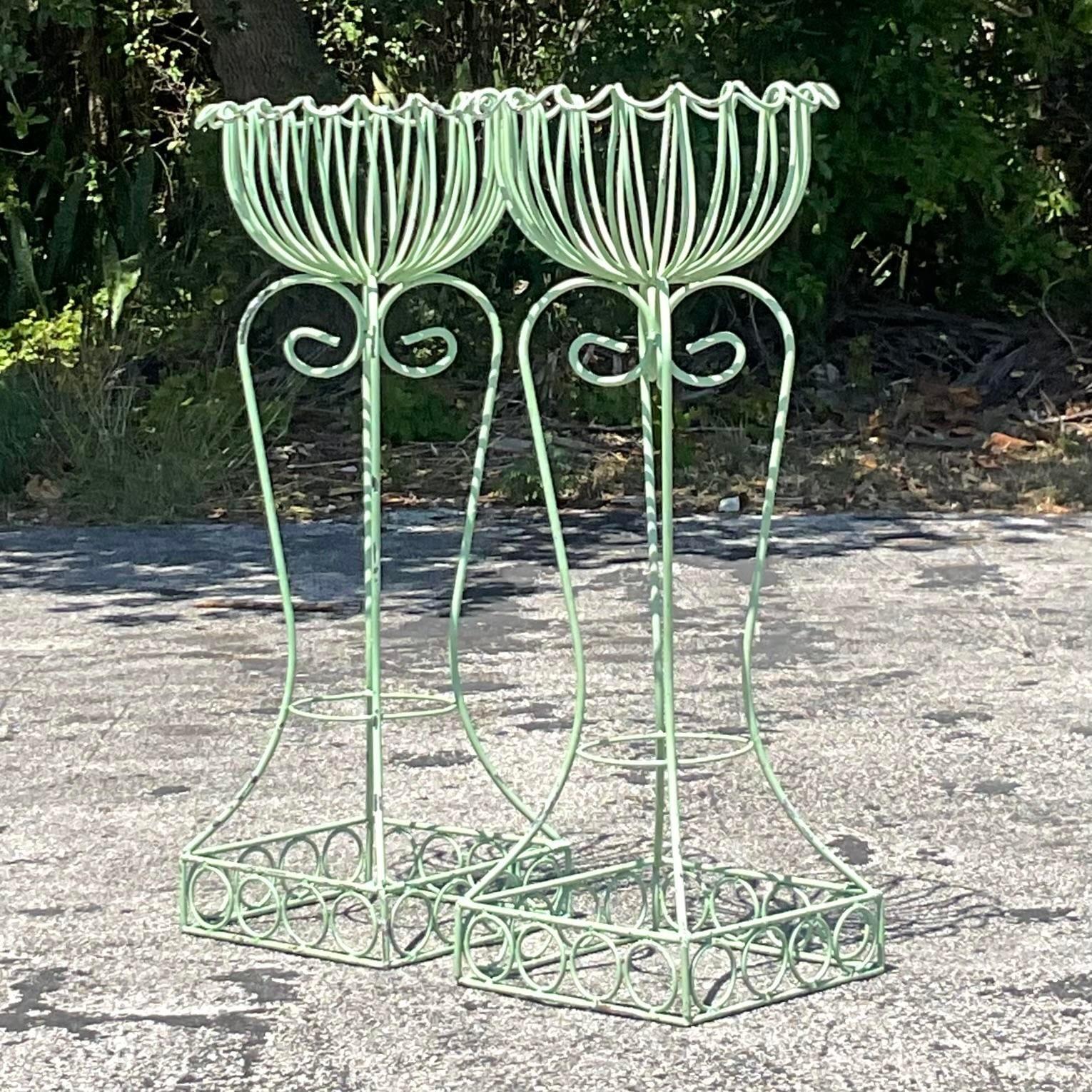 American Vintage Regency Scalloped Wrought Iron Plant Stands - a Pair