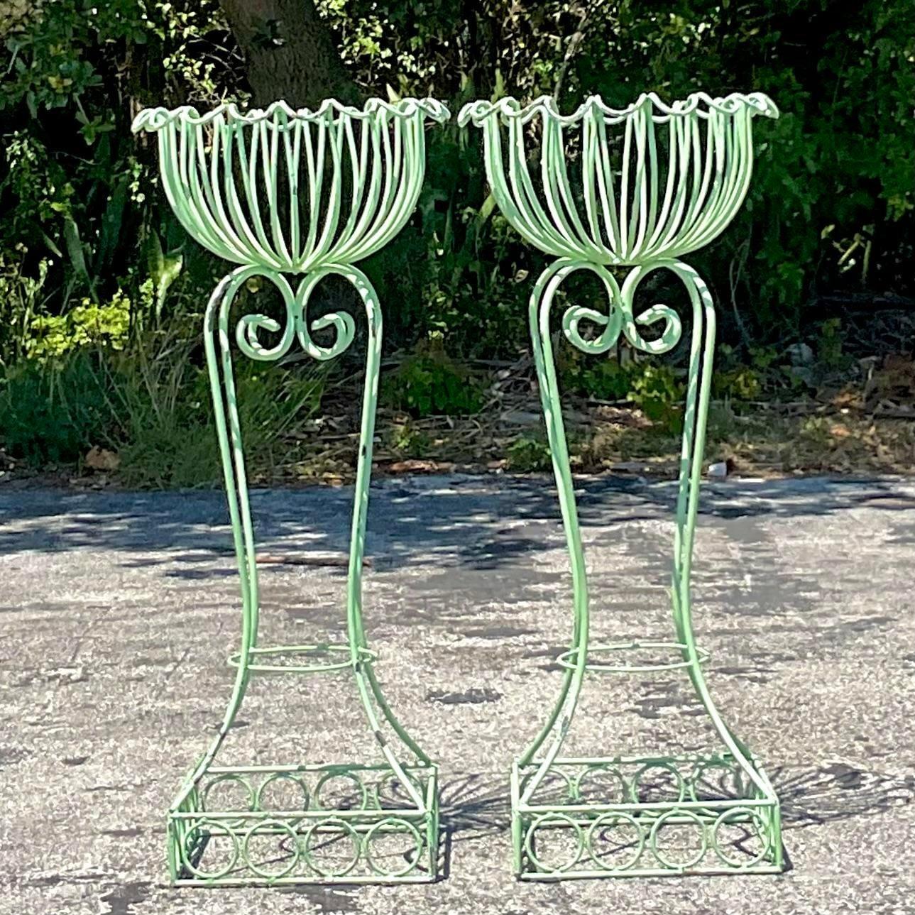 Vintage Regency Scalloped Wrought Iron Plant Stands - a Pair In Good Condition In west palm beach, FL