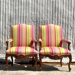Vintage Regency Schumacher Stripe Louis XV Style Chairs - a Pair