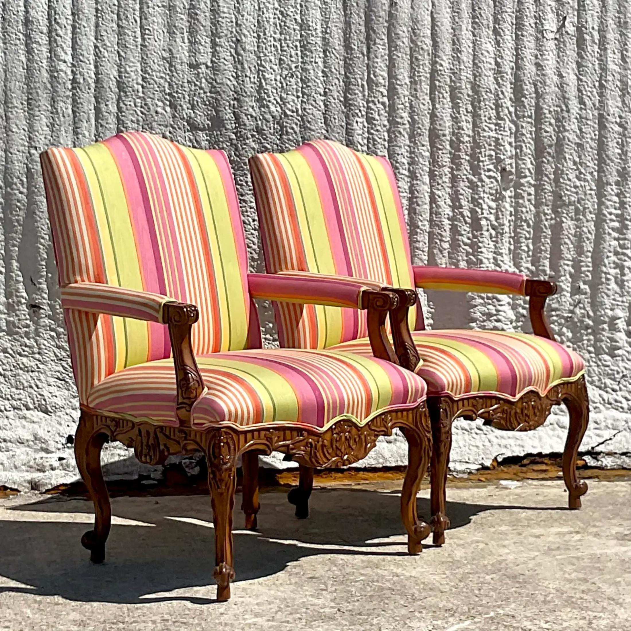 Vintage Regency Schumacher Stripe Louis XV Style Chairs - a Pair In Good Condition For Sale In west palm beach, FL