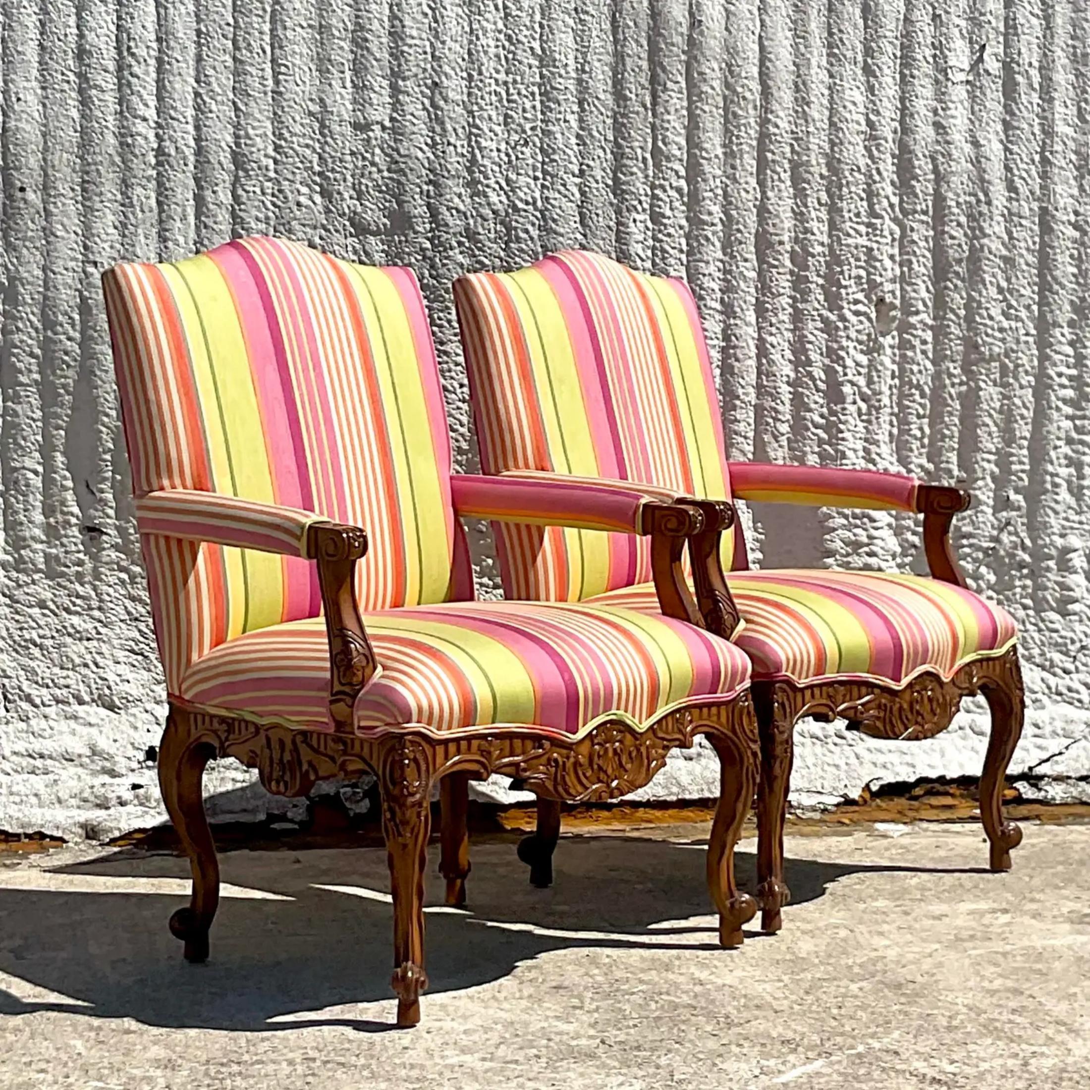 Vintage Regency Schumacher Stripe Louis XV Style Chairs - a Pair For Sale 1