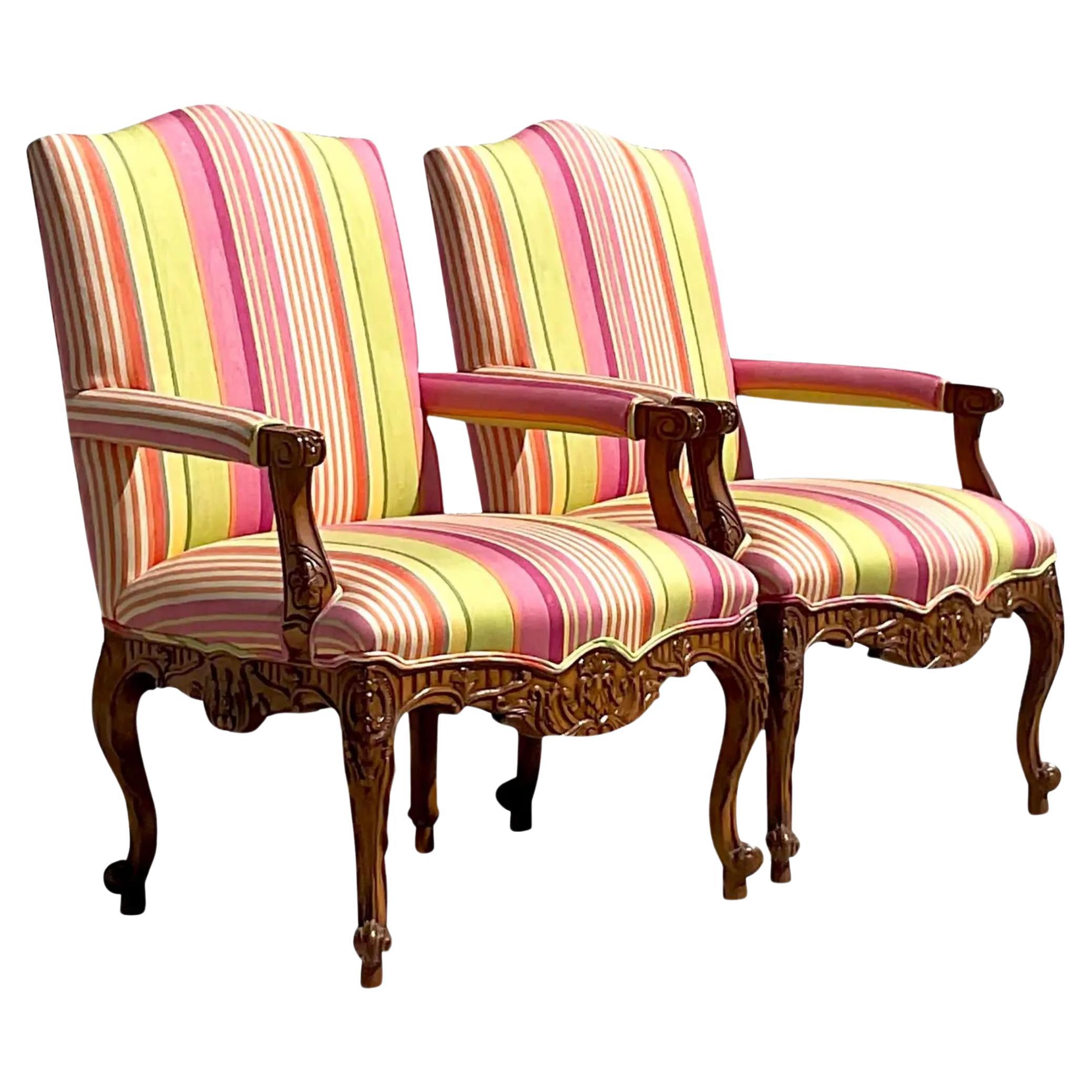 Vintage Regency Schumacher Stripe Louis XV Style Chairs - a Pair For Sale