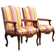 Retro Regency Schumacher Stripe Louis XV Style Chairs - a Pair