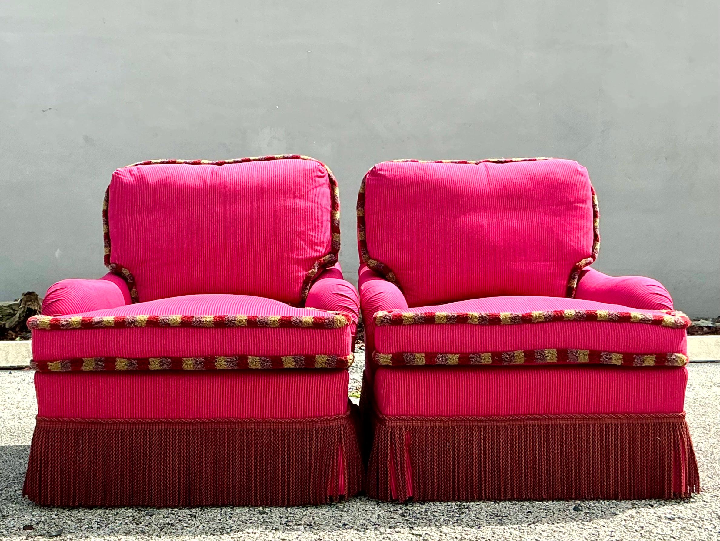 American Vintage Regency Shadow Stripe Down Lounge Chairs - a Pair