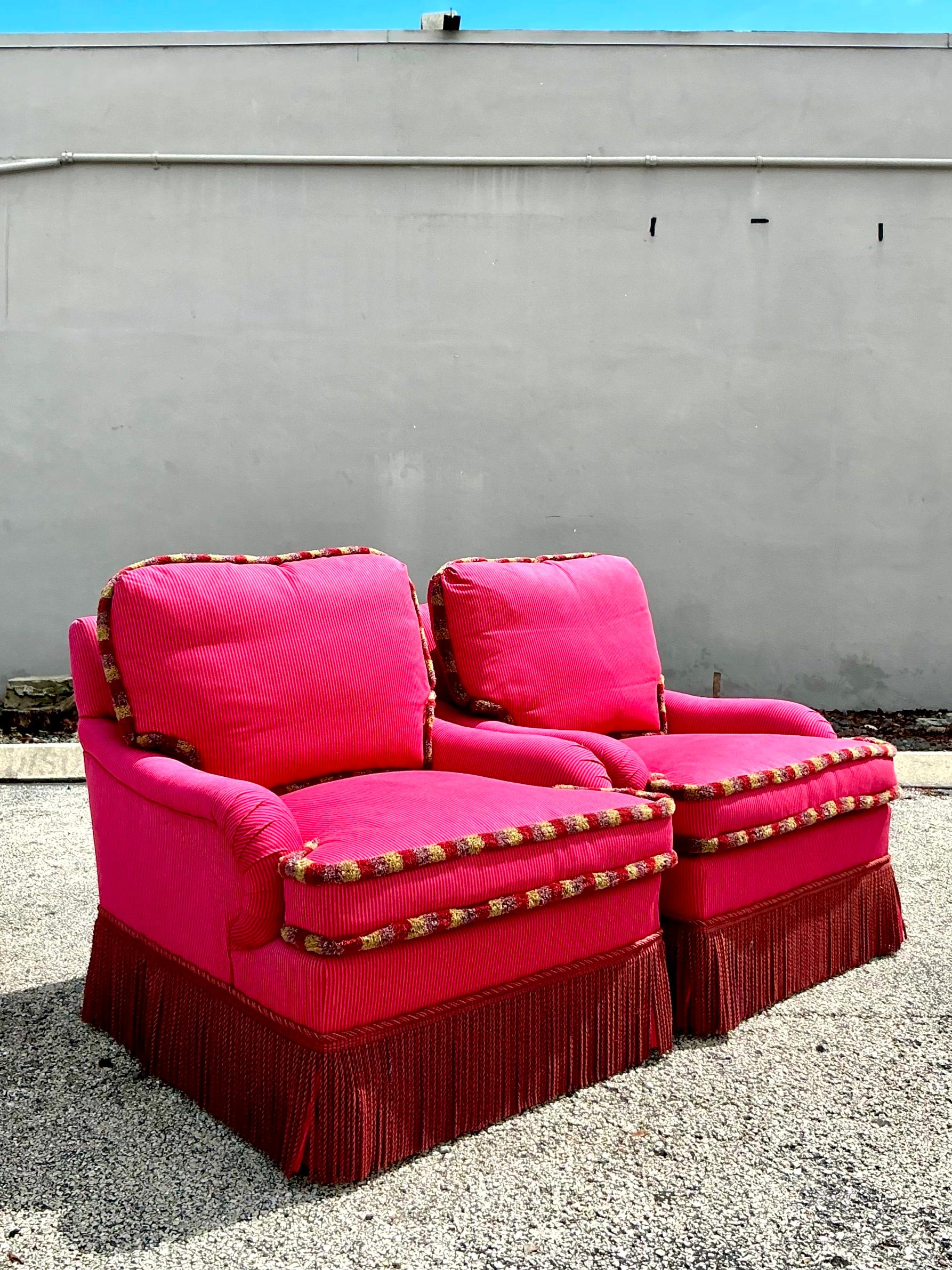 Vintage Regency Shadow Stripe Down Lounge Chairs - a Pair In Good Condition In West Palm Beach, FL