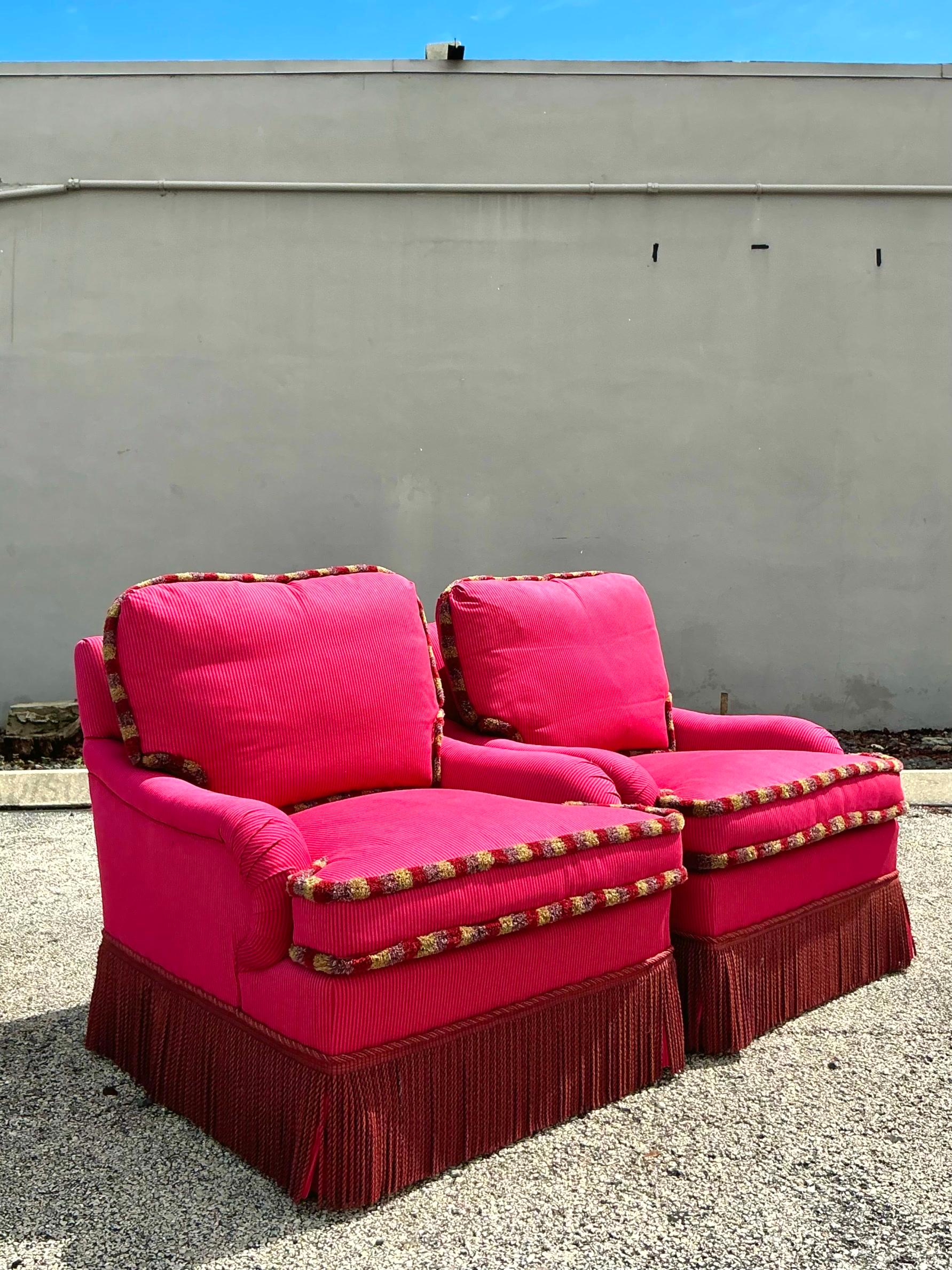 20th Century Vintage Regency Shadow Stripe Down Lounge Chairs - a Pair