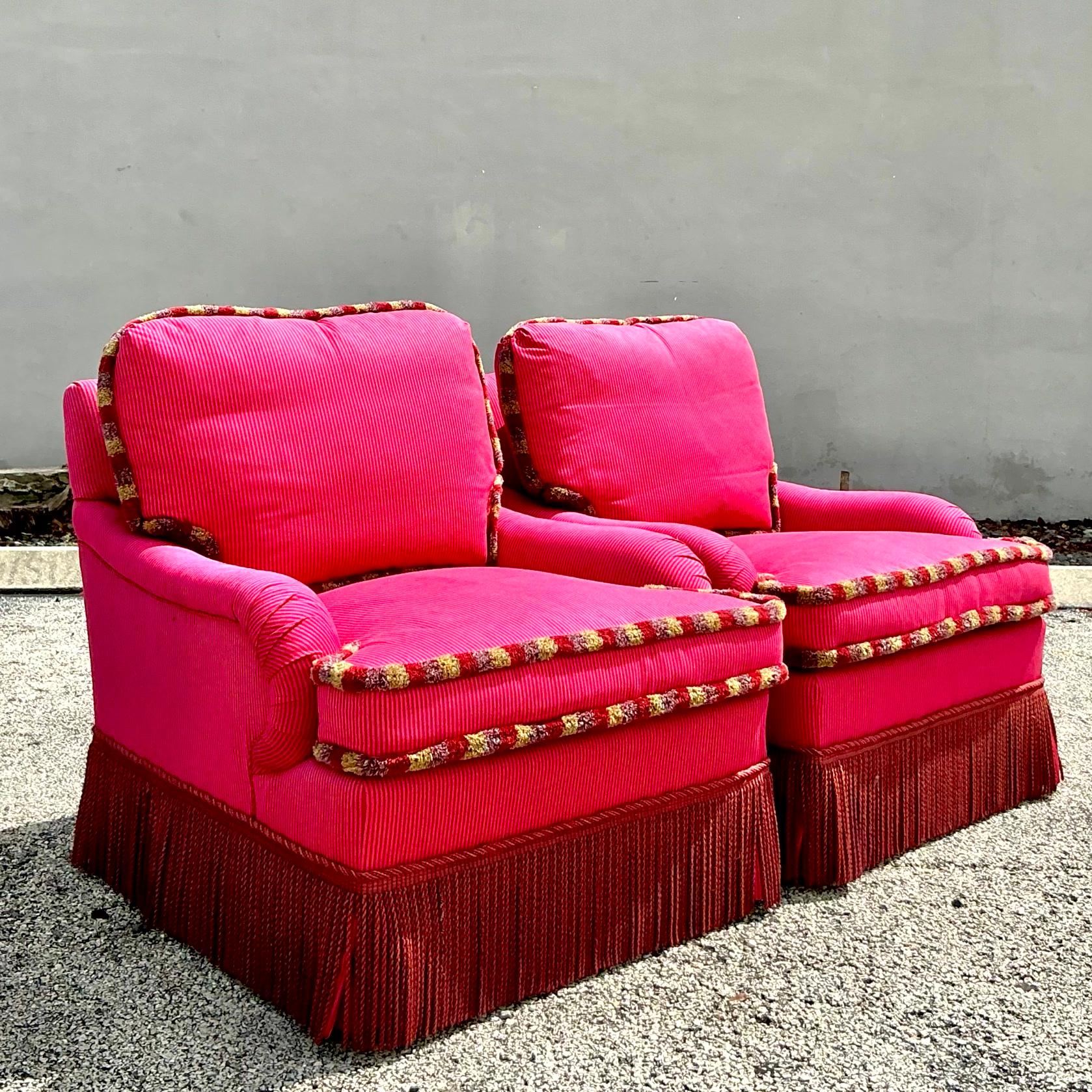Upholstery Vintage Regency Shadow Stripe Down Lounge Chairs - a Pair