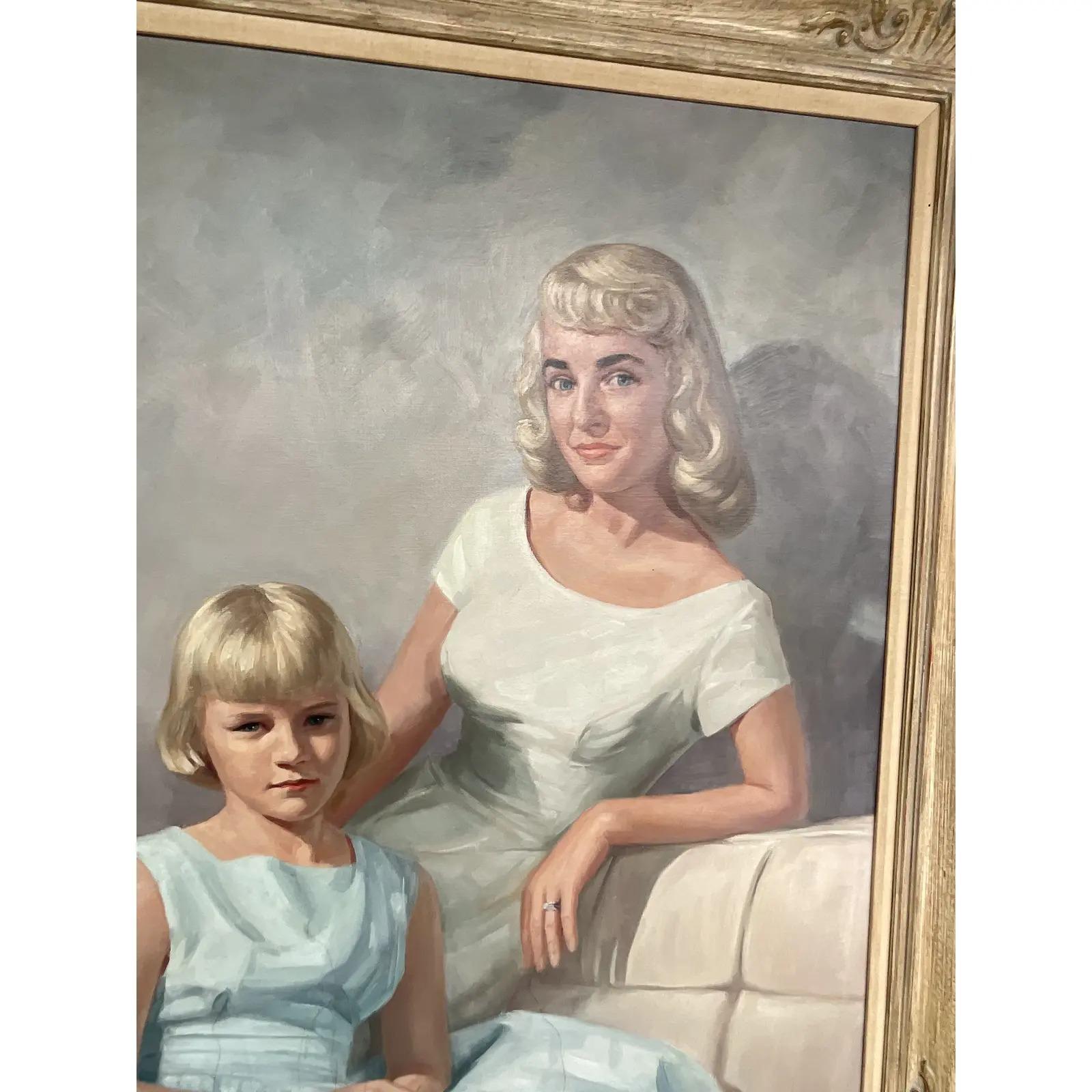 Fantastic vintage original oil portrait. A stunning composition of a mother and daughter. Brilliant cool colors and a lot of icy attitude. Fabulous. Instant chic family! Signed and dated 1961. Acquired from a Palm Beach estate.