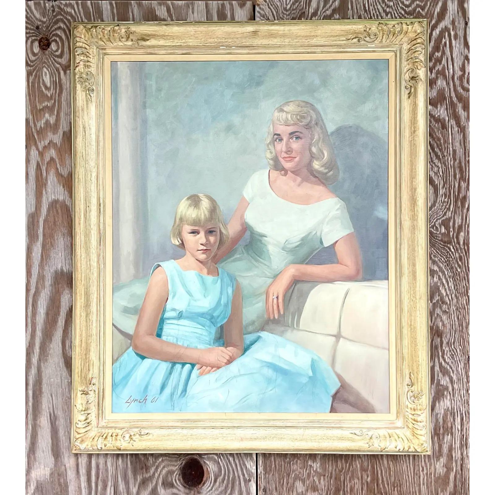 Original Vintage Regency-Ölgemäldeporträt von Mutter und Tochter, signiert und datiert 1961 (Nordamerikanisch) im Angebot