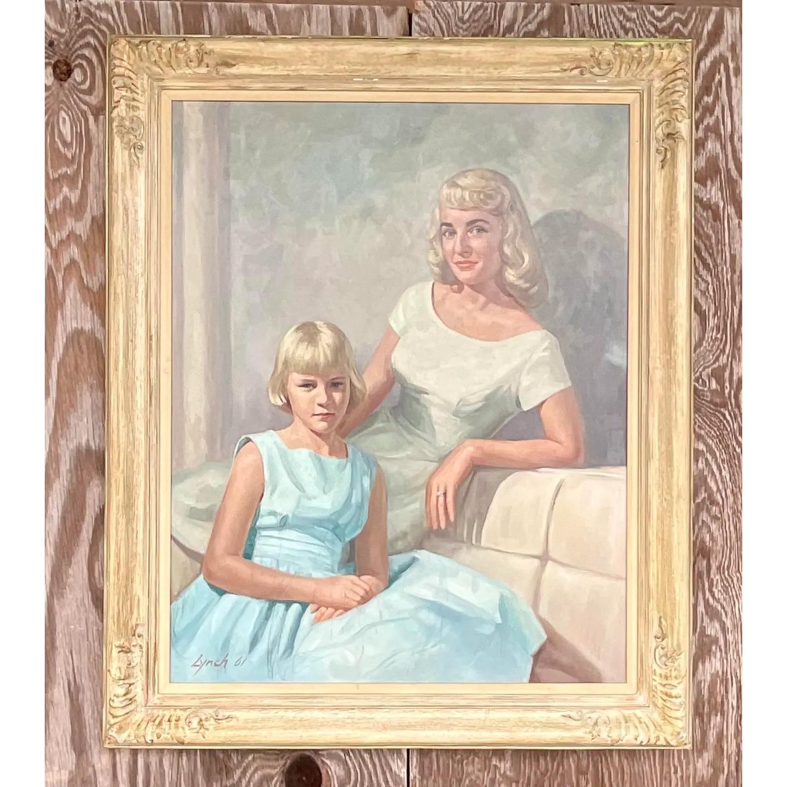 Original Vintage Regency-Ölgemäldeporträt von Mutter und Tochter, signiert und datiert 1961 im Zustand „Gut“ im Angebot in west palm beach, FL