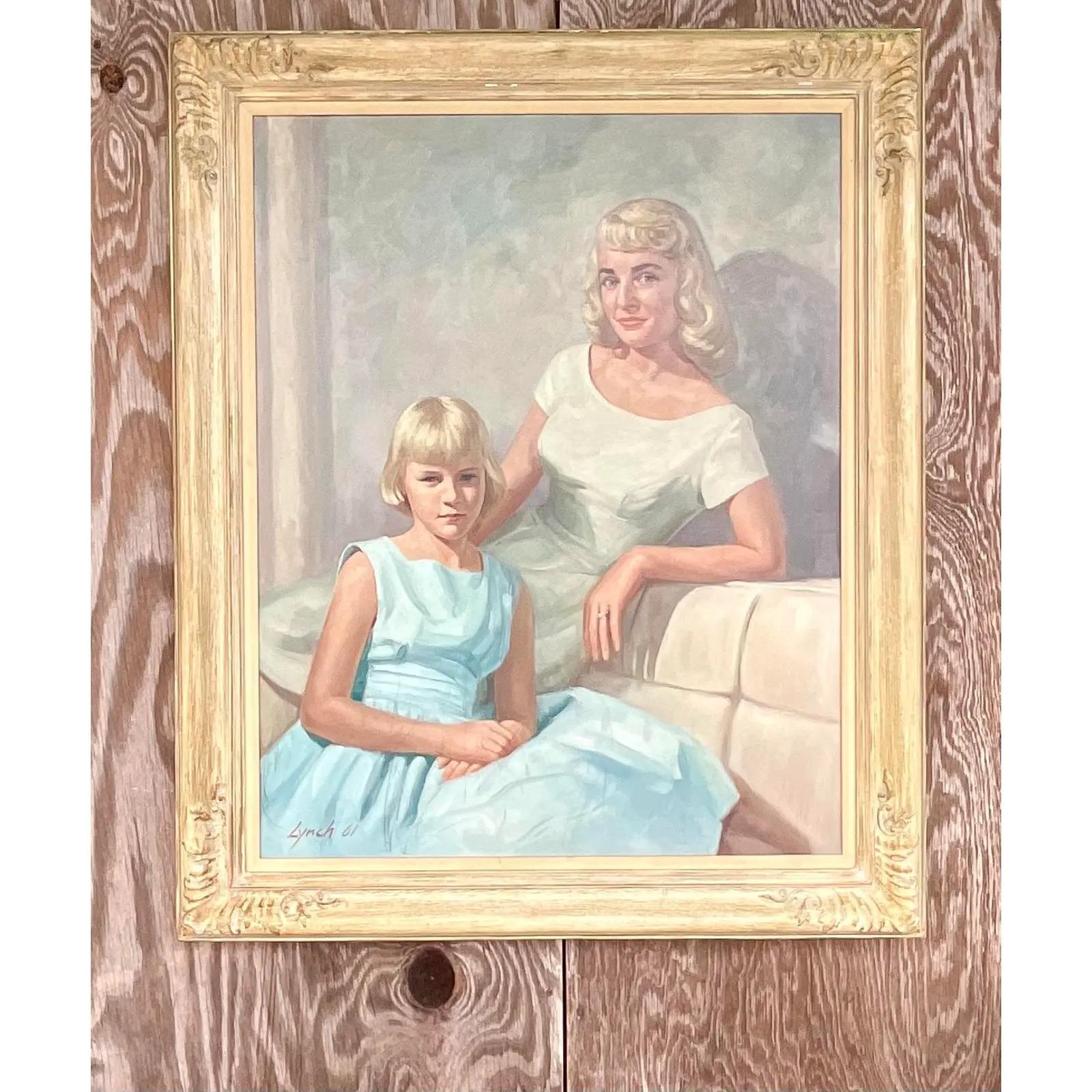 Vintage Regency Signed and Dated 1961 Original Oil Portrait of Mother & Daughter In Good Condition For Sale In west palm beach, FL