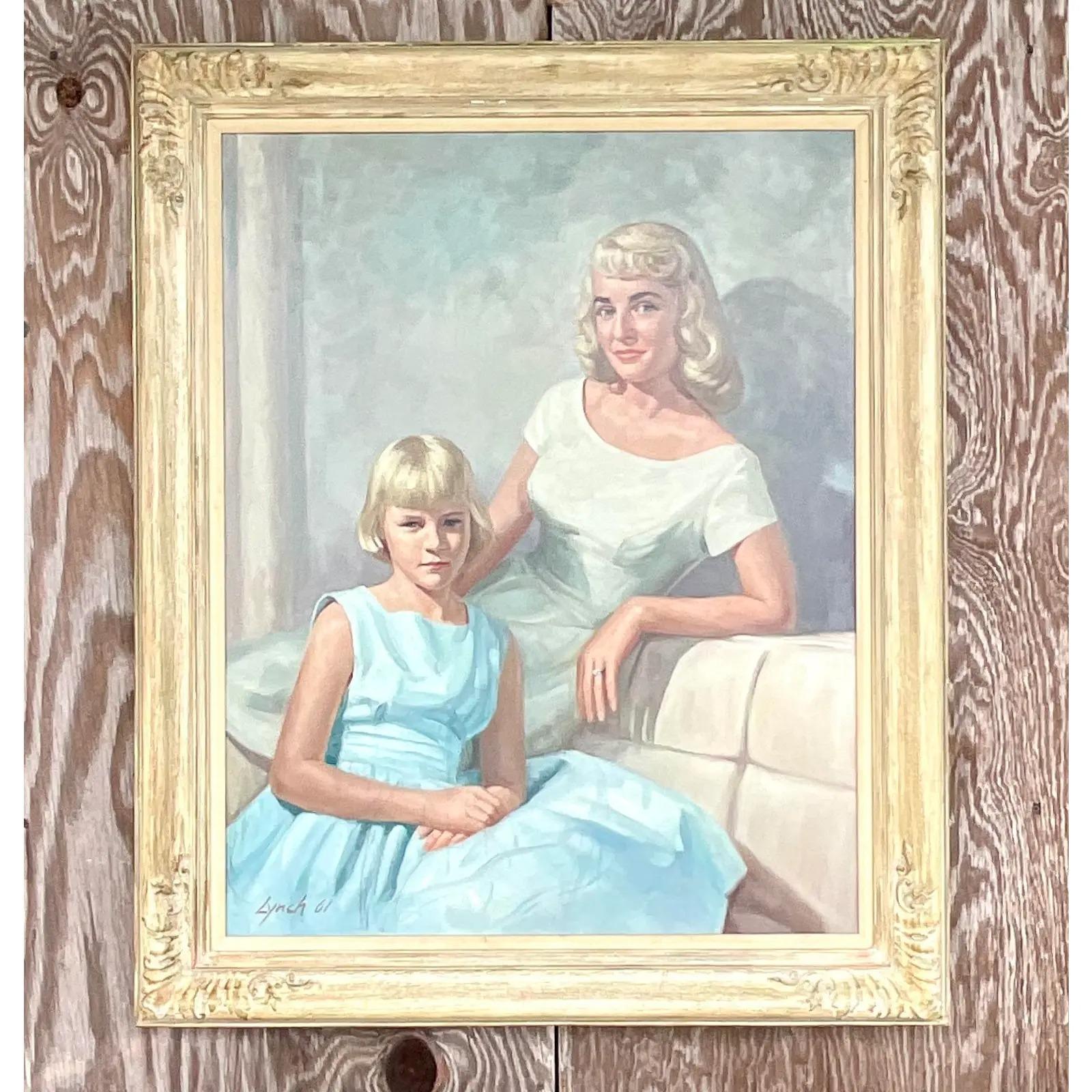 Paint Vintage Regency Signed and Dated 1961 Original Oil Portrait of Mother & Daughter For Sale