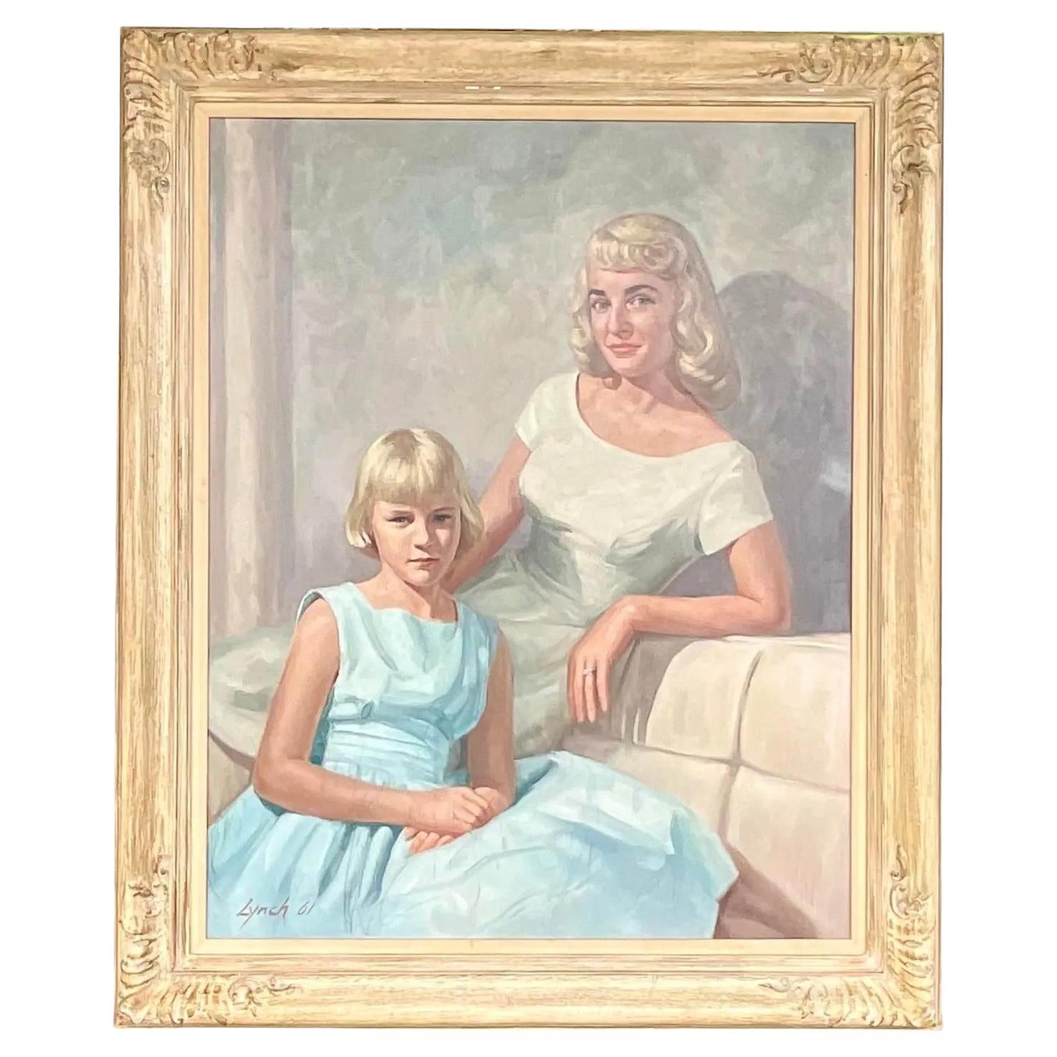 Vintage Regency Signed and Dated 1961 Original Oil Portrait of Mother & Daughter For Sale