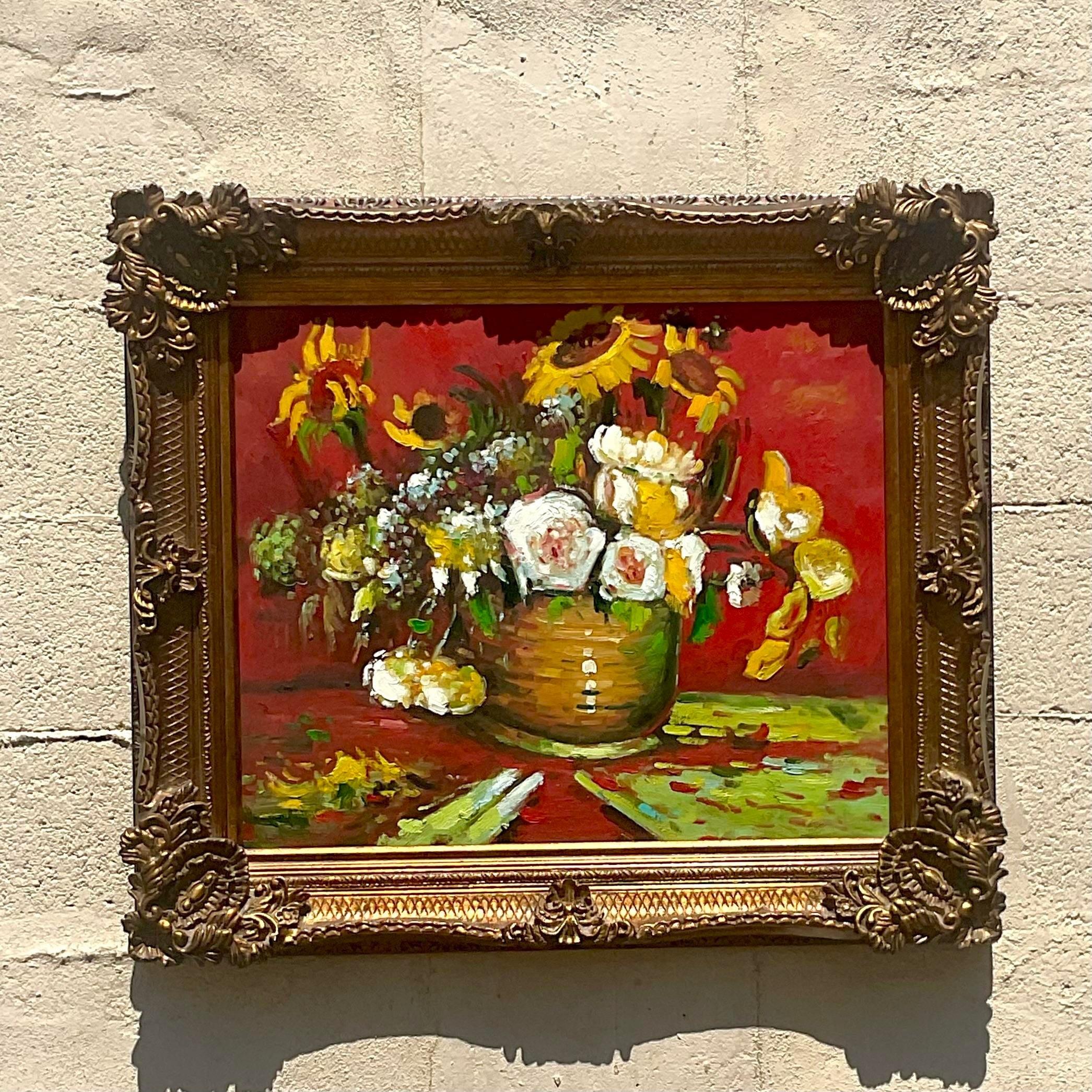 A fabulous vintage Regency original oil painting. A chic floral composition in a thick painterly style. Signed by the artist. Acquired from a Palm Beach estate.