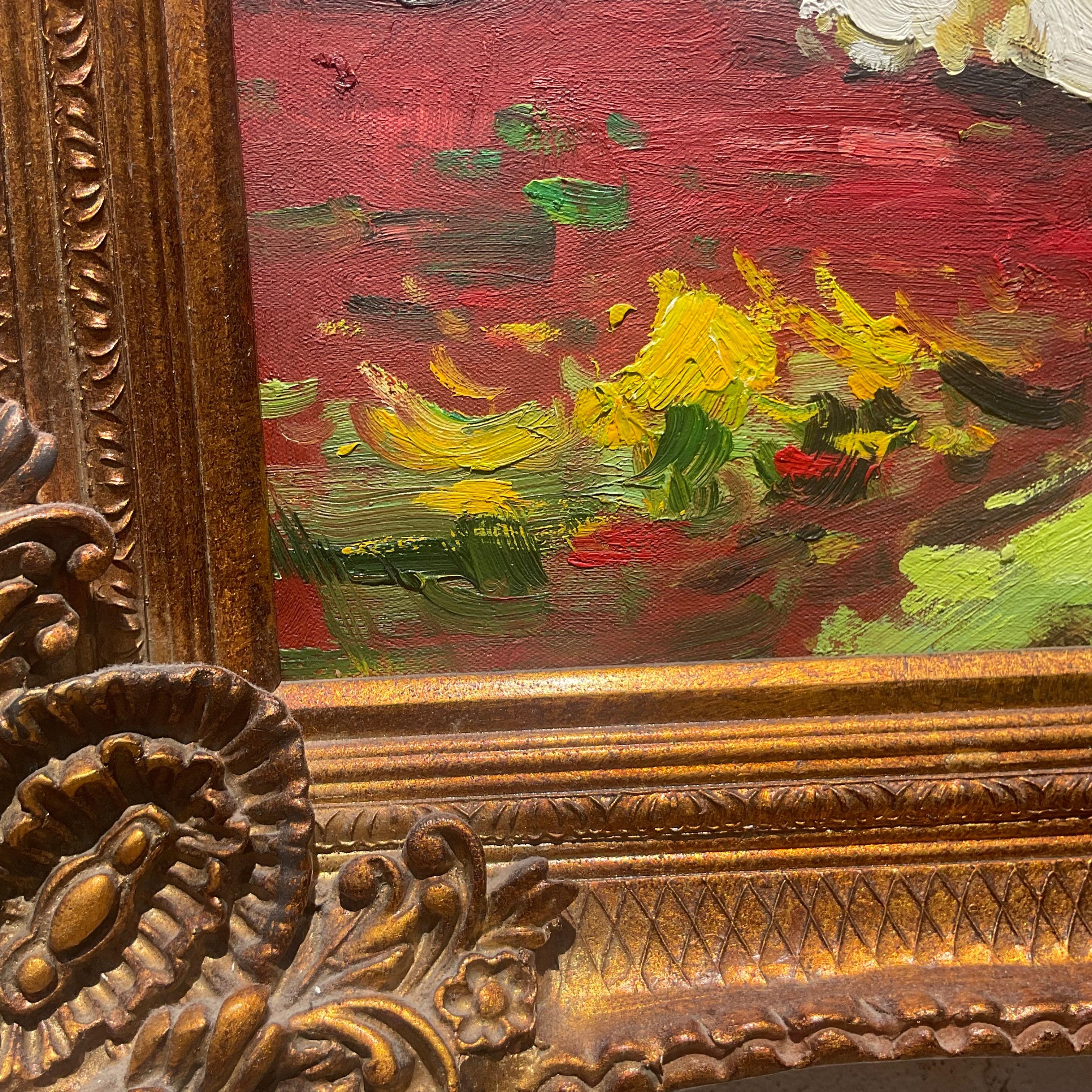 Américain Peinture à l'huile originale vintage Regency signée florale sur toile en vente