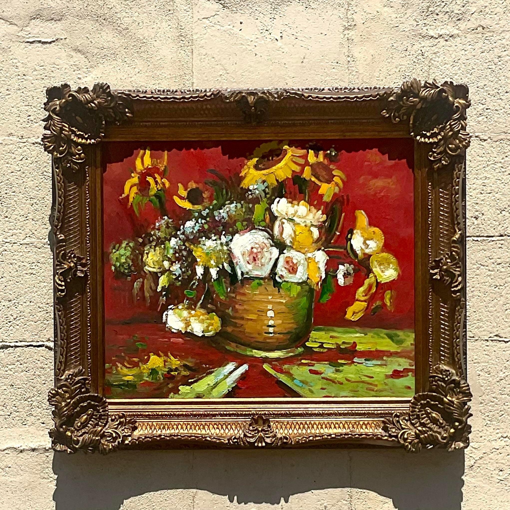 Peinture à l'huile originale vintage Regency signée florale sur toile Bon état - En vente à west palm beach, FL