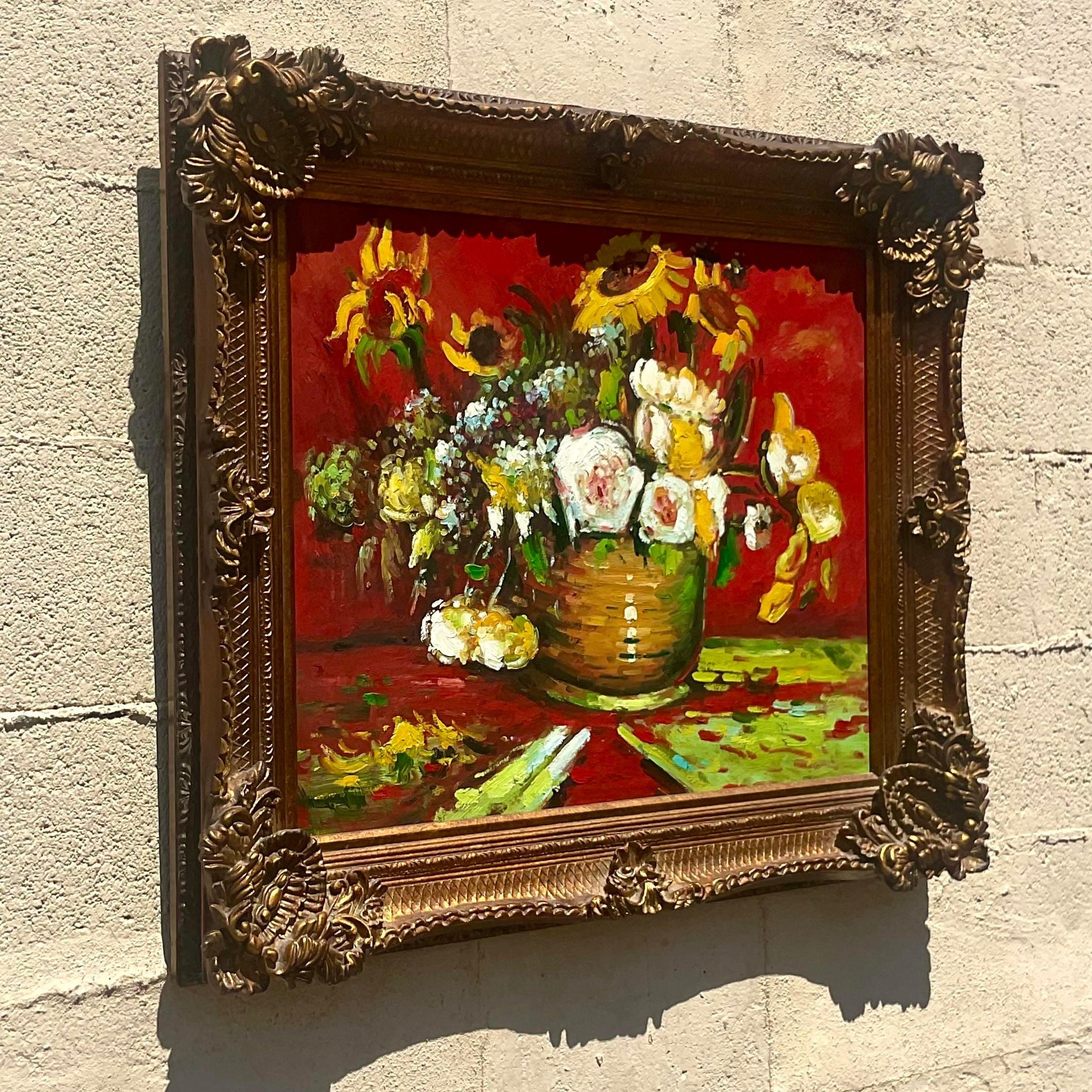 20ième siècle Peinture à l'huile originale vintage Regency signée florale sur toile en vente