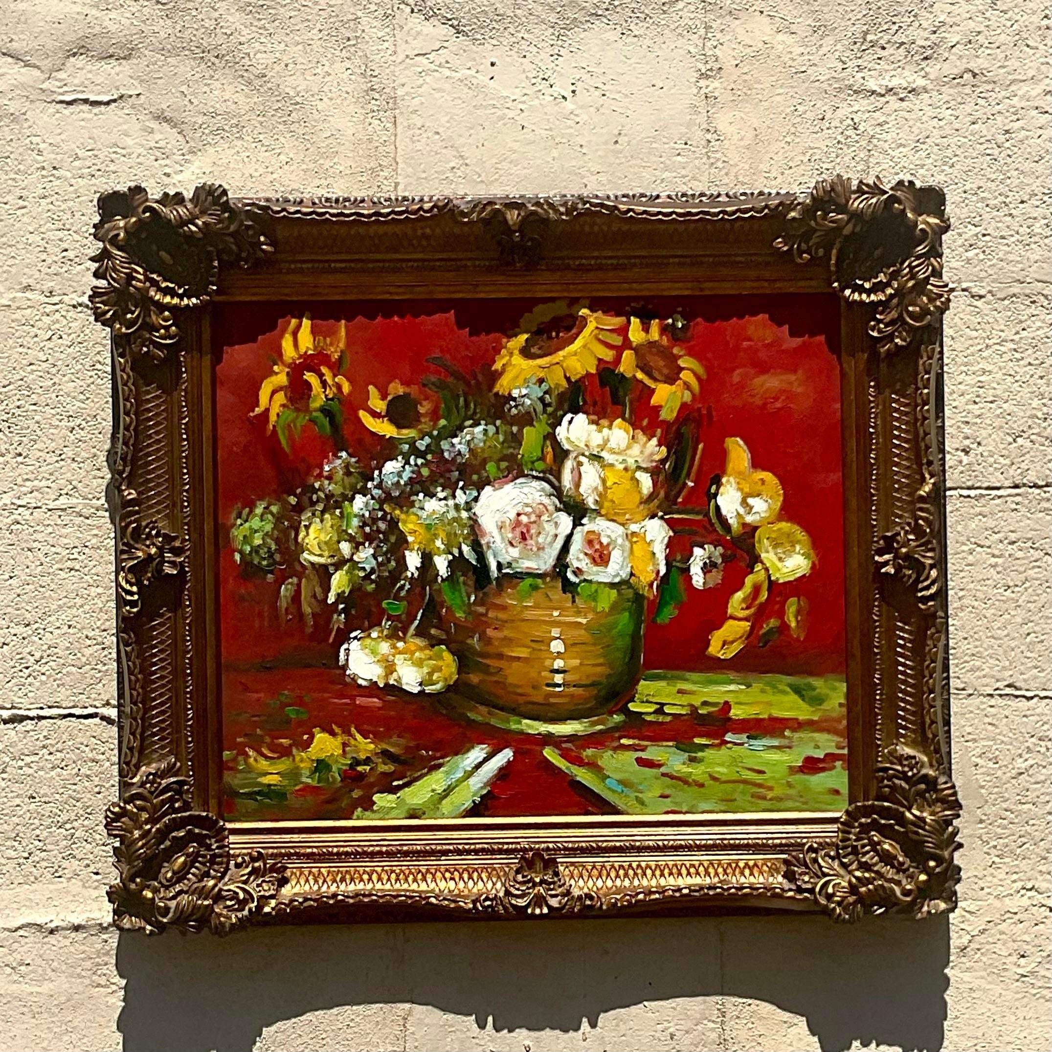 Toile Peinture à l'huile originale vintage Regency signée florale sur toile en vente