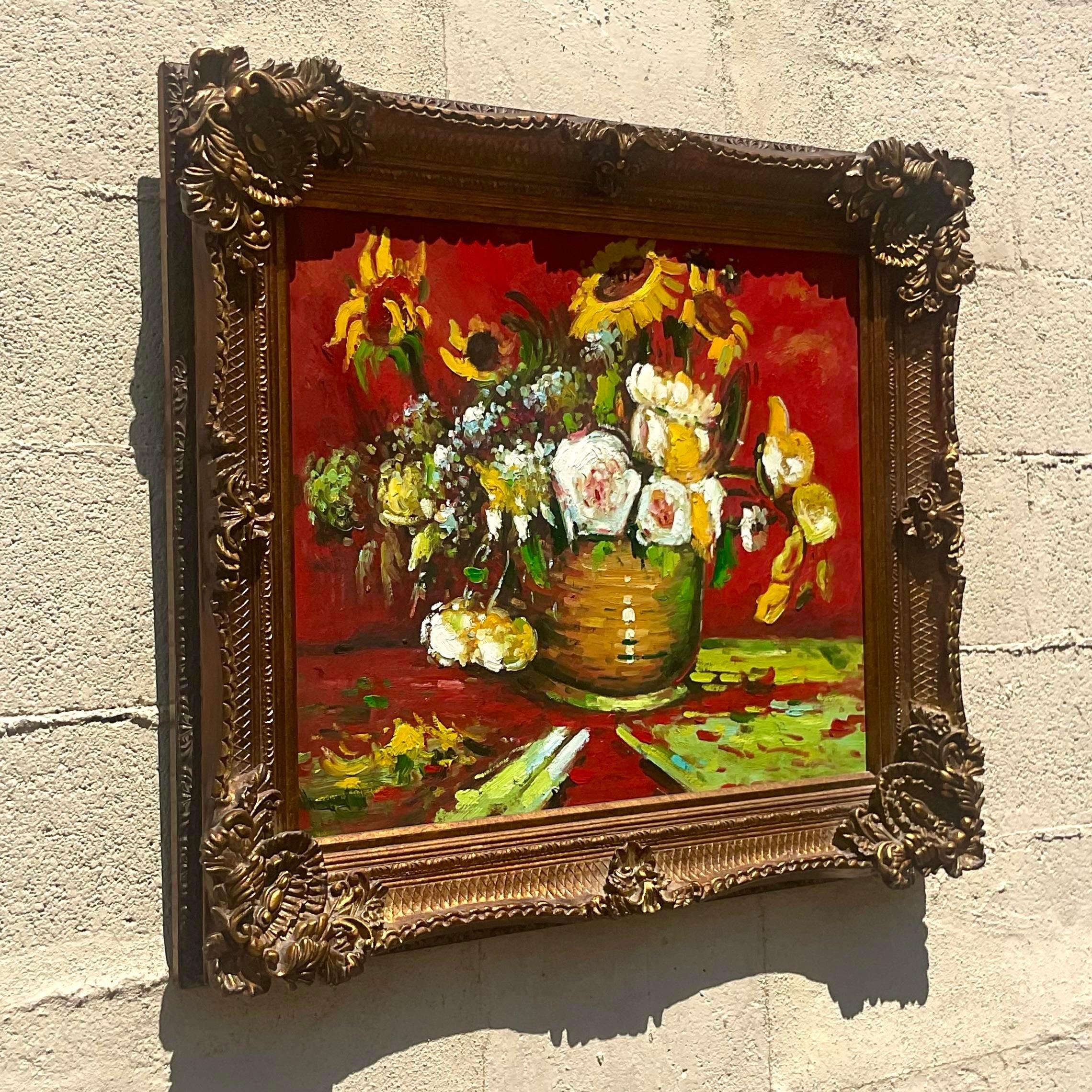 Peinture à l'huile originale vintage Regency signée florale sur toile en vente 1