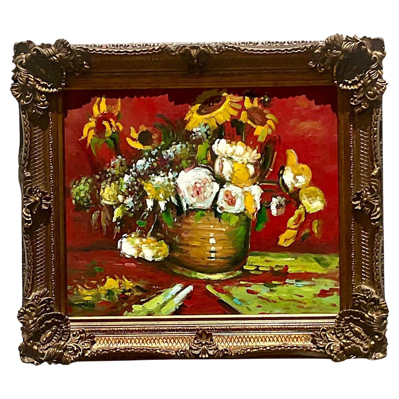 Peinture à l'huile originale vintage Regency signée florale sur toile en vente